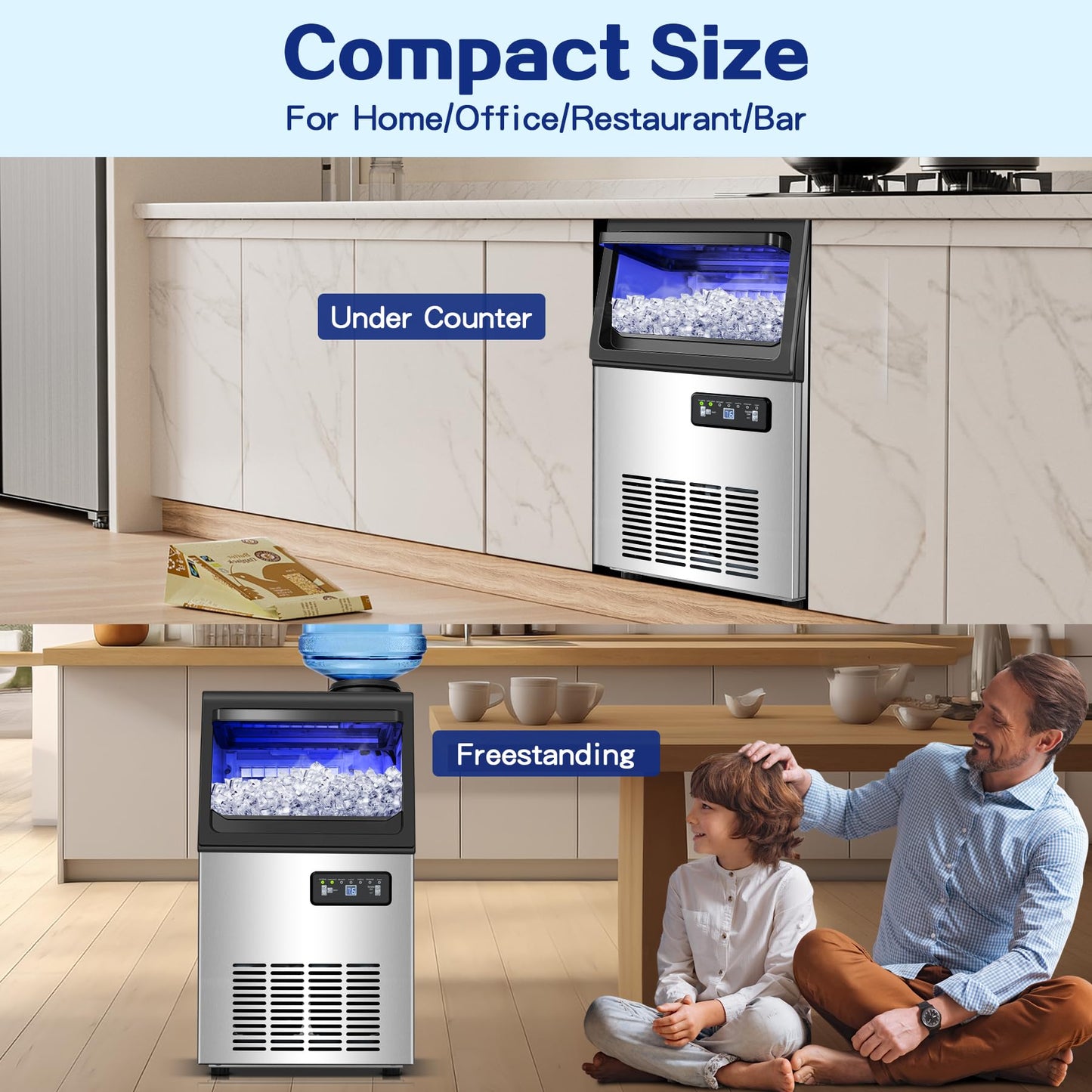 Amzgachfktch Commercial Ice Maker, 110lbs/24H Under Counter Ice Maker with 2 Water Inlet, Ice Maker Machine with 22lbs Storage, Auto Self-Cleaning, Freestanding Ice Machine for Home Office Bar