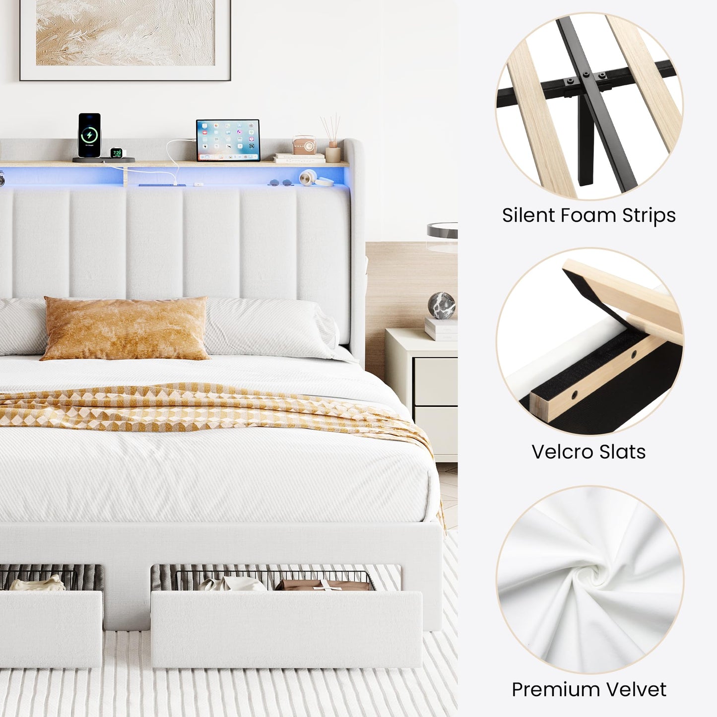 SHA CERLIN Velvet Full Size Bed Frame with Vertical Channel Tufted Wingback Headboard & 2 Storage Drawers/2-Tier Shelves with LED Lights & Charging Station/Noise-Free/No Box Spring Needed/White
