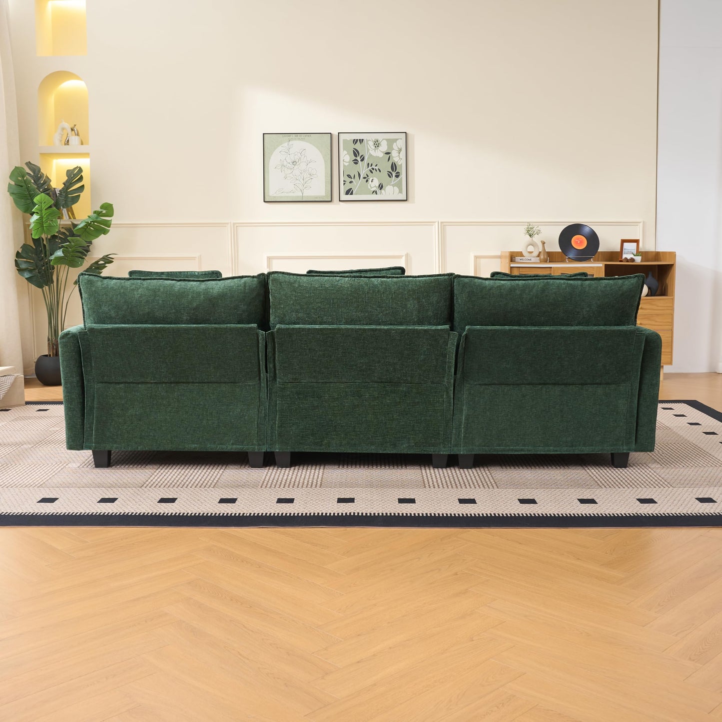 KEIKI 102" Modular Sectional Sofa with Storage Ottoman, L Shaped Convertible Couch with Movable Chaise Lounge, Linen Fabric Comfy 3 Seat Sleeper Sofa for Living Room Apartment Bedroom, Dark Green