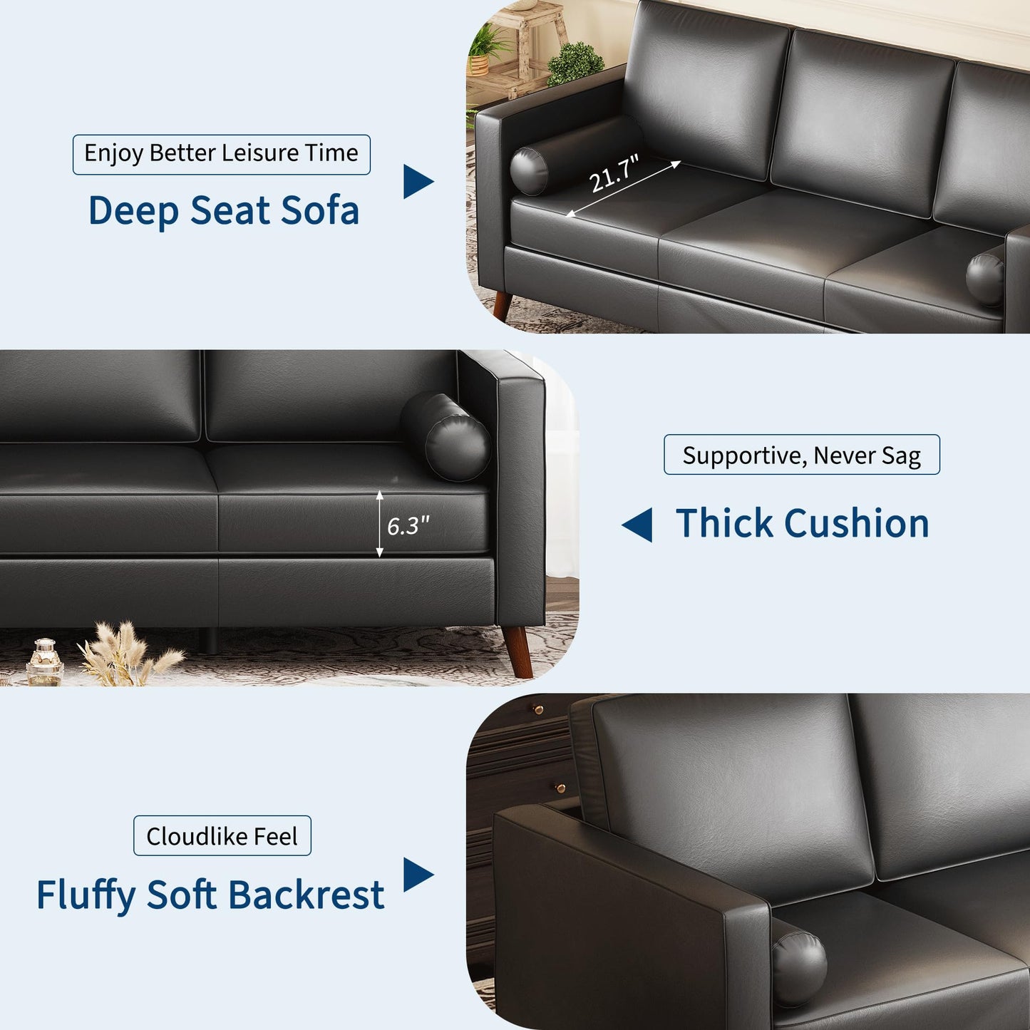 GAOMON 86" Leather Sofa, Mid-Century Modern Couch, Faux Leather Couch with Deep Seats, 3-Seat Sofa for Living Room, Office, Black