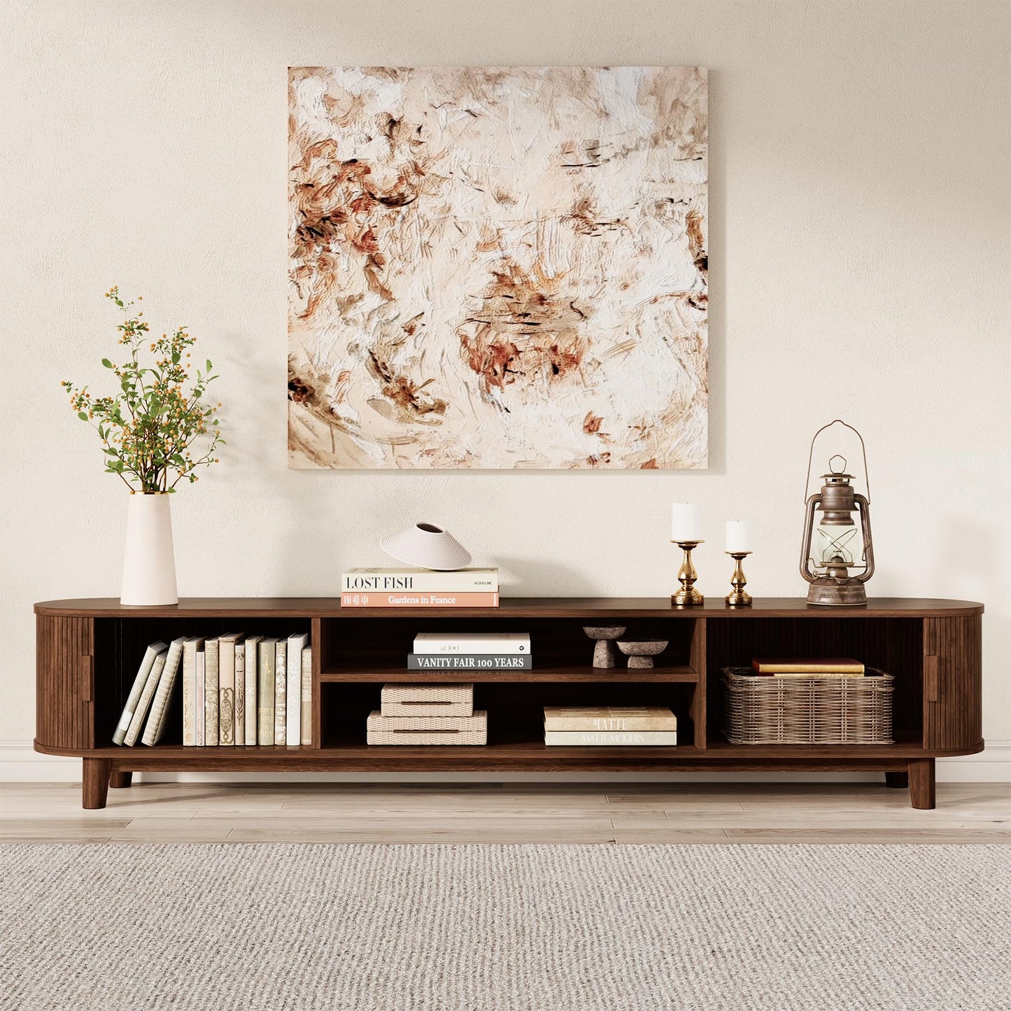 78.75" Curved TV Stand with Storage Cabinets & Open Shelves, Farmhouse Entertainment Center with Sliding Doors, Wood Media Console for Living Room Hallway, Walnut