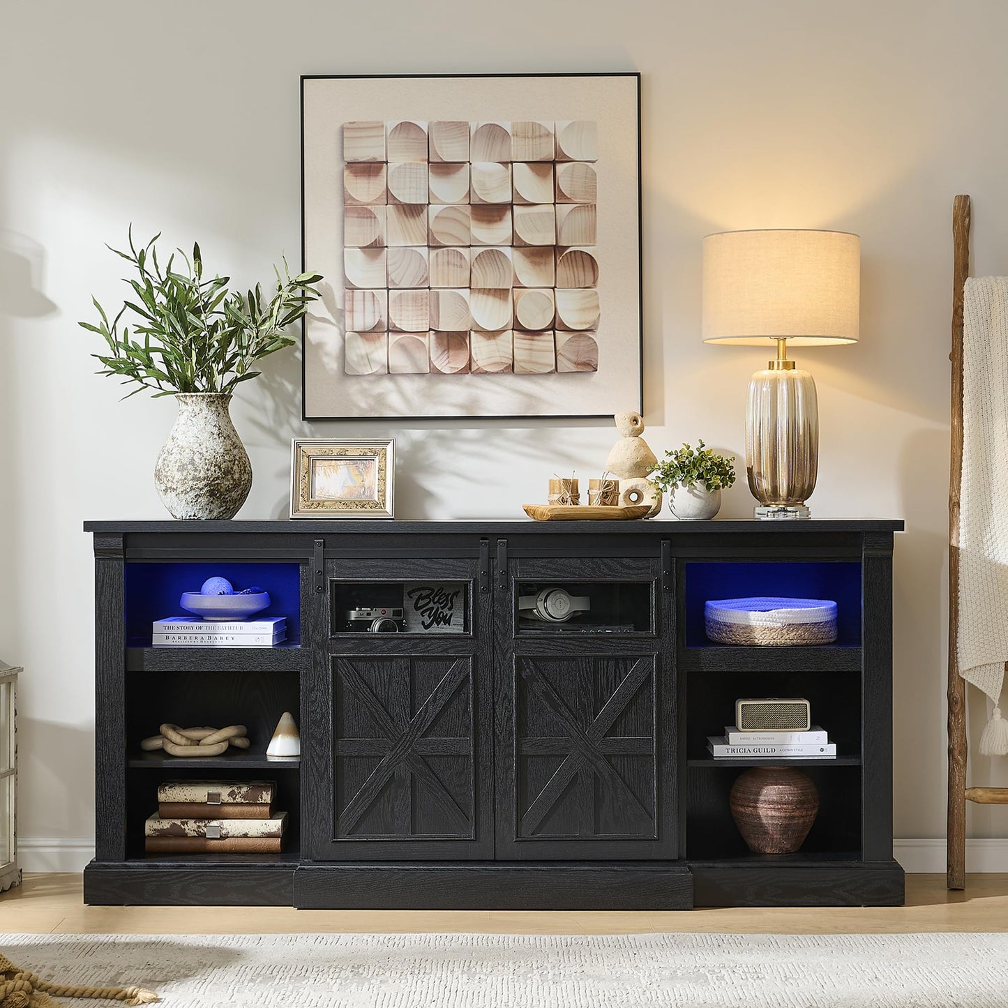 Unineo Fireplace TV Stand for up to 80 Inch TVs, 32’’ Tall LED Entertainment Center with Electric Fireplace, Farmhouse TV Console Table w/Sliding Barn Door & Window for Living Room, Black Woodgrain