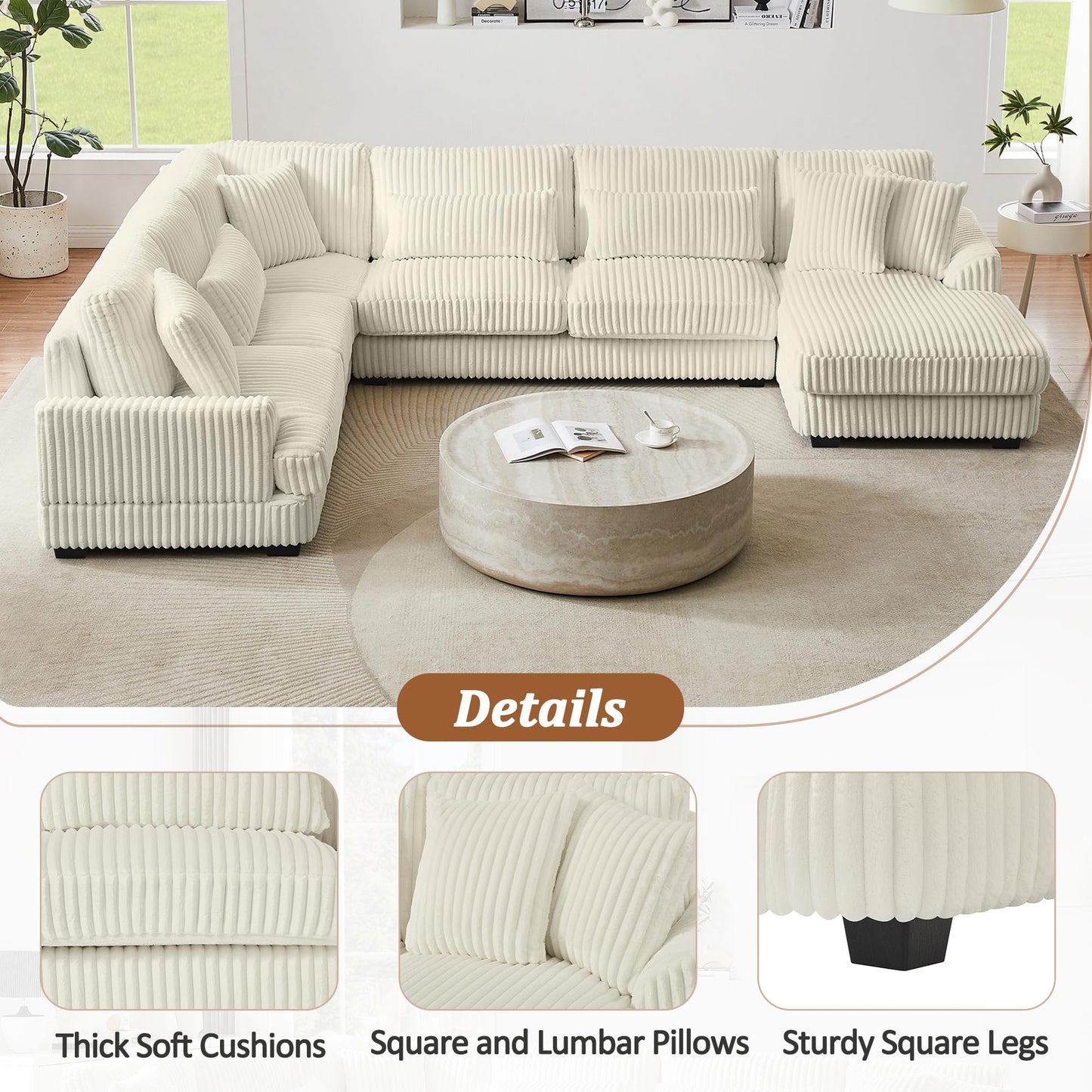 ERYE 129-Inch U-Shaped Sectional Sofa Couch W/Right Facing Chaise Lounge,Oversized Corduroy Upholstered Corner Modular Sofa Couch with 7 Toss Pillows for Living Room Sets