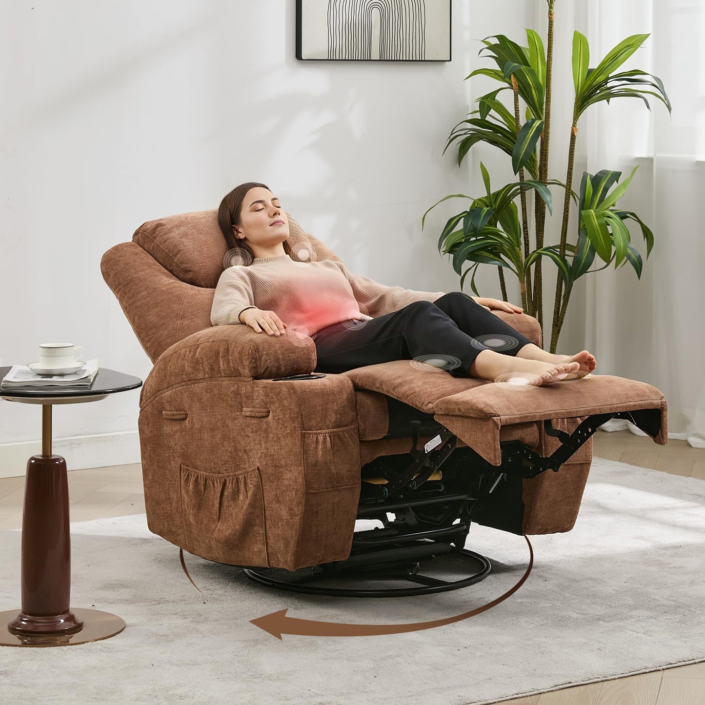360° Swivel Rocker Recliner Chair for Adults with Massage & Heat, Manual/Electric Glider Reclining Lounge Chair for Living Room, Bedroom, Nursery, Comfortable Fabric Recliner, Light Brown