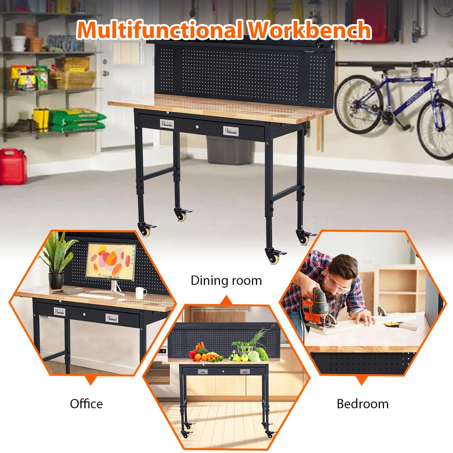 GarveeTech 60 in Heavy-Duty Adjustable Workbench with 2 Drawers & Pegboard - 2000 LBS Capacity, 4 Rolling Wheels, Rubber Wood Tabletop for Garage, Workshop, Home Office, Black