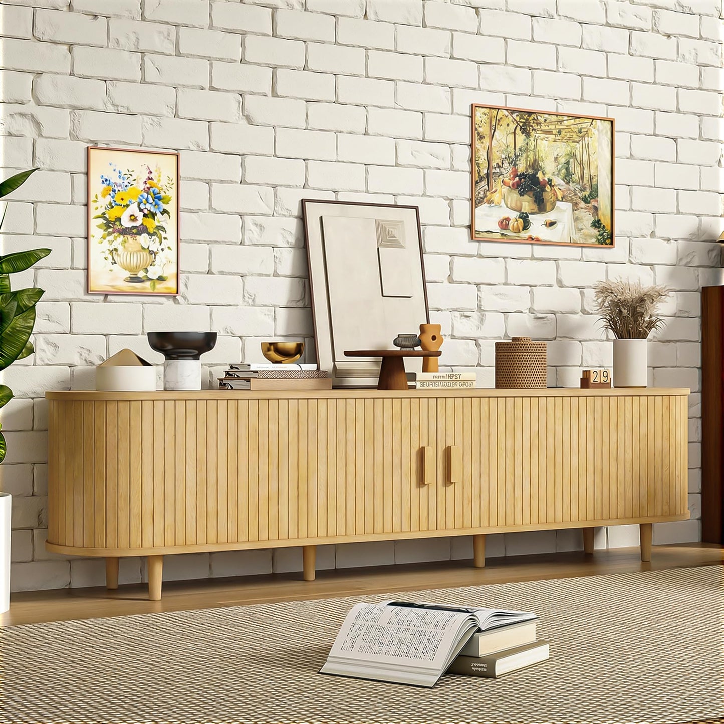 MXV 70" Mid-Century Modern TV Consoles with Sliding Doors, TV Stand with Power Outlet, Fluted Entertainment Center with Adjustable Shelves, for Living Room