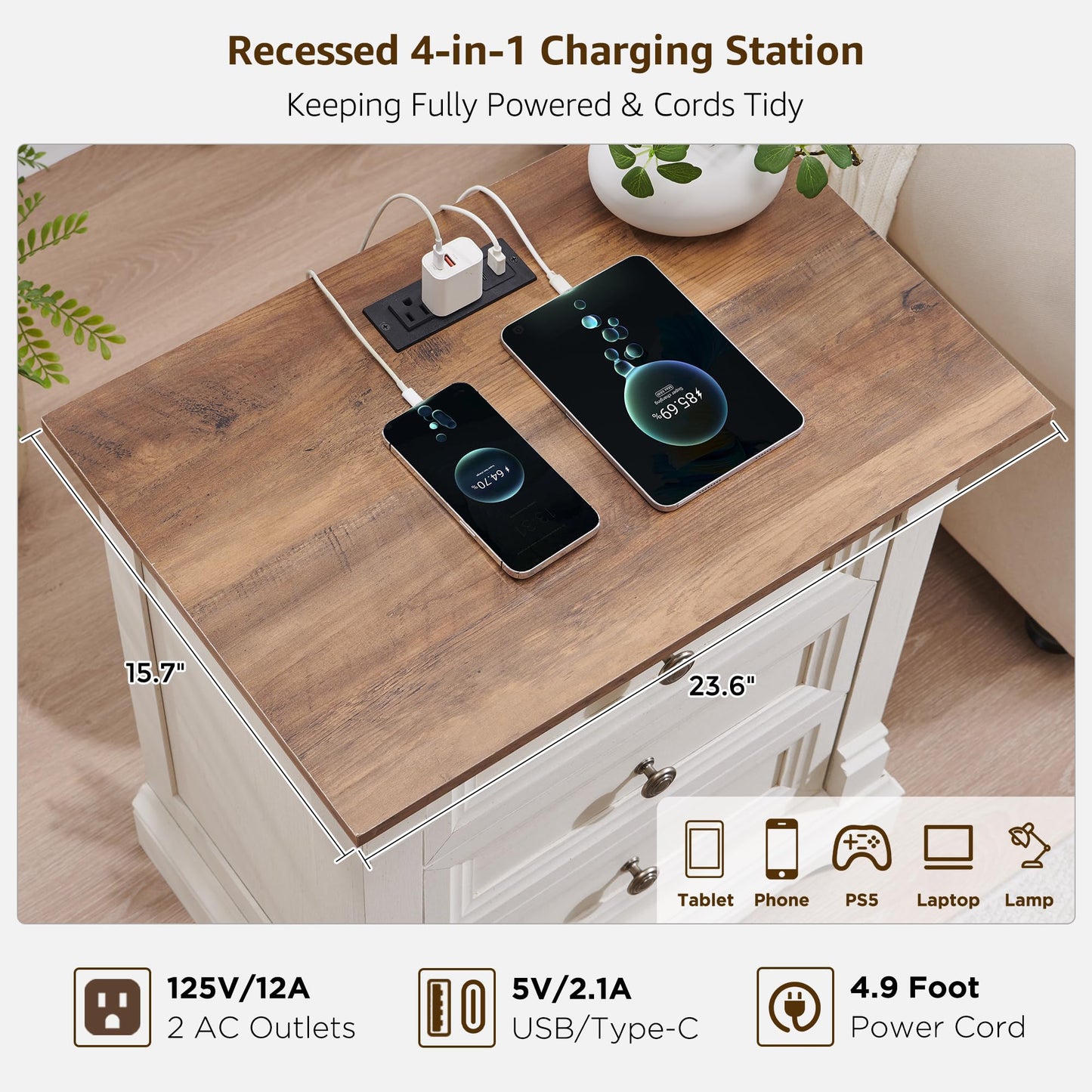 T4TREAM Farmhouse 26" Tall Nightstand with Charging Station, 23.6" End Table with 3 Drawers Storage, Wood Side Table w/Roman Column, Bedside Cabinet for Bedroom, Living Room, Antique White