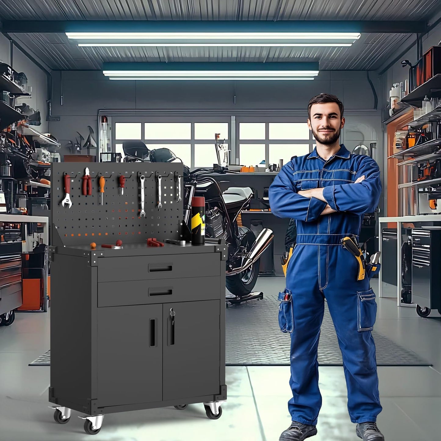GarveeLife Mobile Tool Chest Cabinet with 2 Drawers and Pegboard, Rolling Metal Garage Workbench with Adjustable Shelf, Storage Cabinet on Wheels for Workshop Warehouse