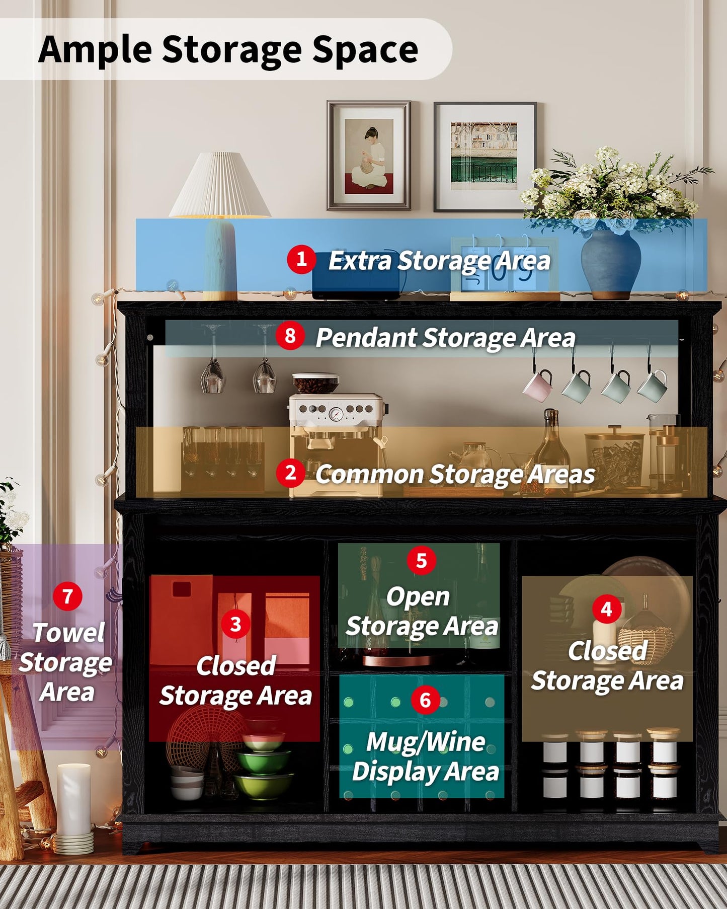 Hetoy Farmhouse Coffee Bar Cabinet 55" Tall with Sliding Barn Door, LED Light, Power Outlet – Storage Drawers, 12-Bottle Wine Rack, Ideal Coffee Hutch for Dining Room or Home Bar