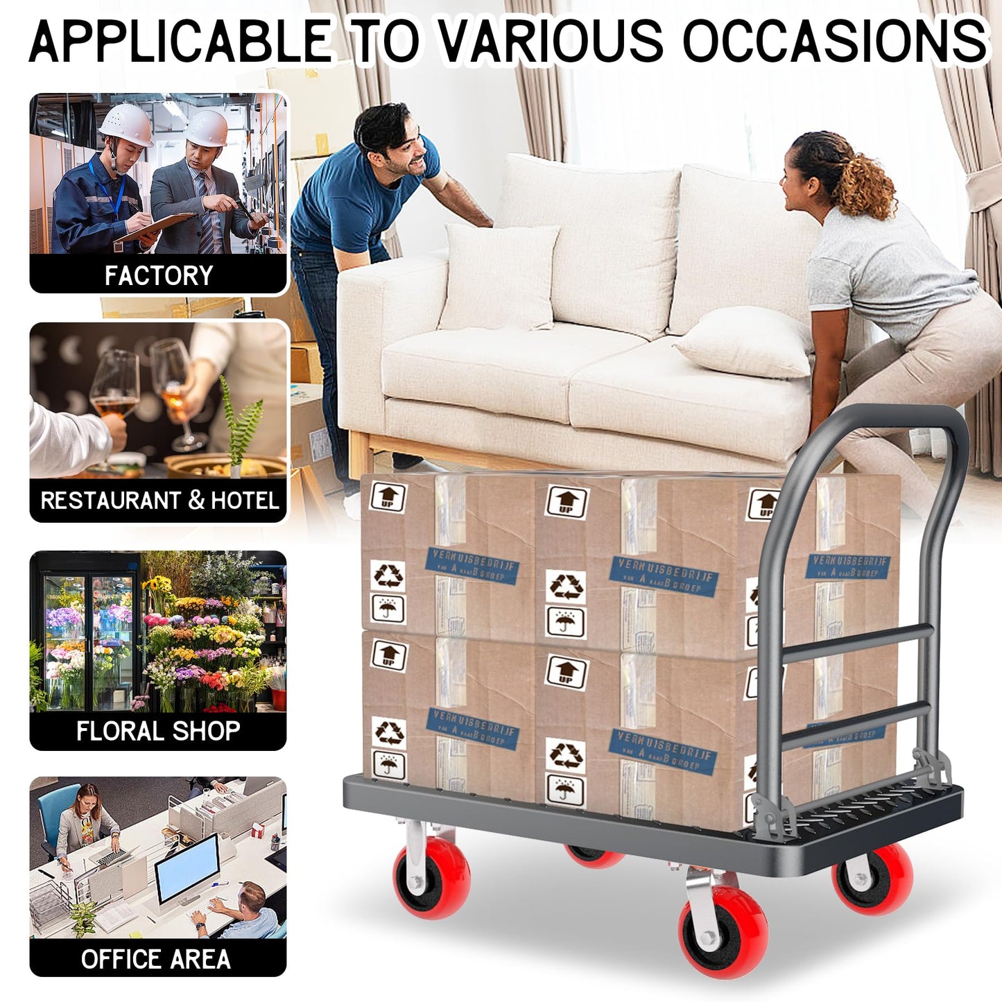 2000 lbs Heavy Duty Platform Truck, Foldable Flatbed Push Cart with 5" Silent Swivel Wheels, Folding Utility Cart for Warehouse, Garage, Office, Moving, Industrial Material Handling, 36" x 24"
