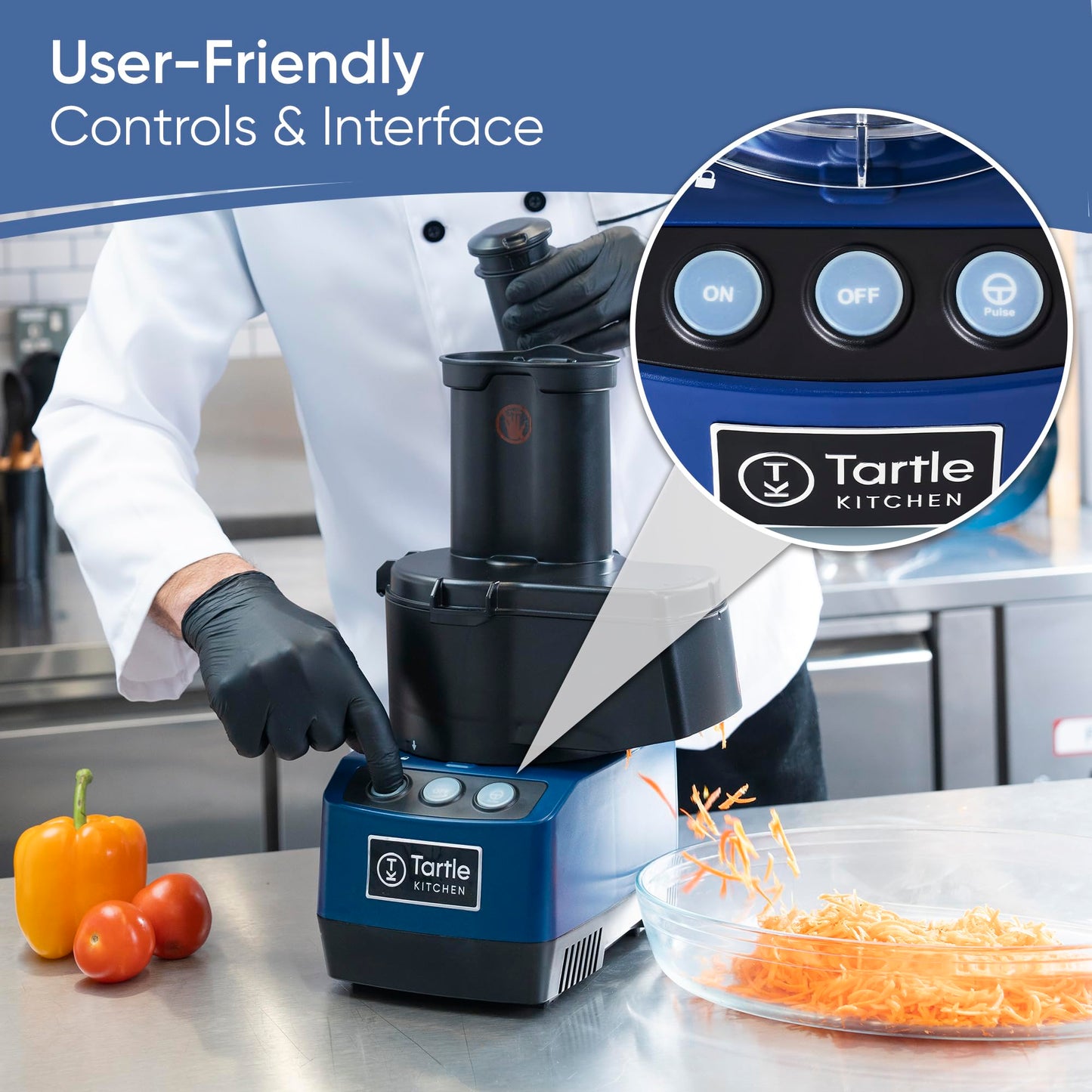 TK Tartle Commercial Food Processor - Heavy-Duty 600W Electric Chopper, Slicer & Shredder w/Flat lid, Continuous Feed, 3L Mixer Bowl & Stainless Steel Blades