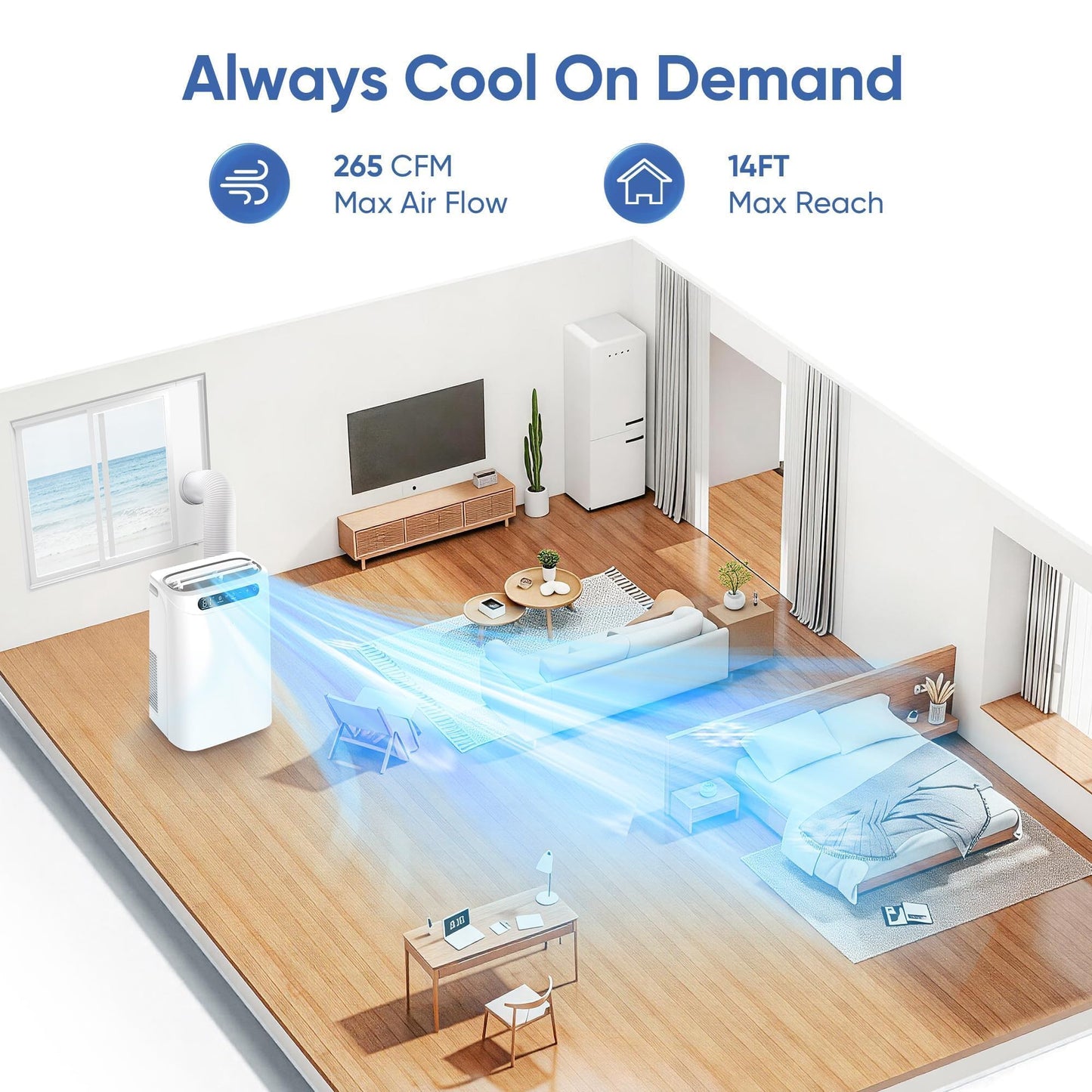 14000 BTU Portable Air Conditioners, Cools Up to 700 Sq.Ft, Portable AC Unit with Remote Control, Cooling, Fan, Dehumidification, Sleep Mode& Installation Kits for Large Rooms, White