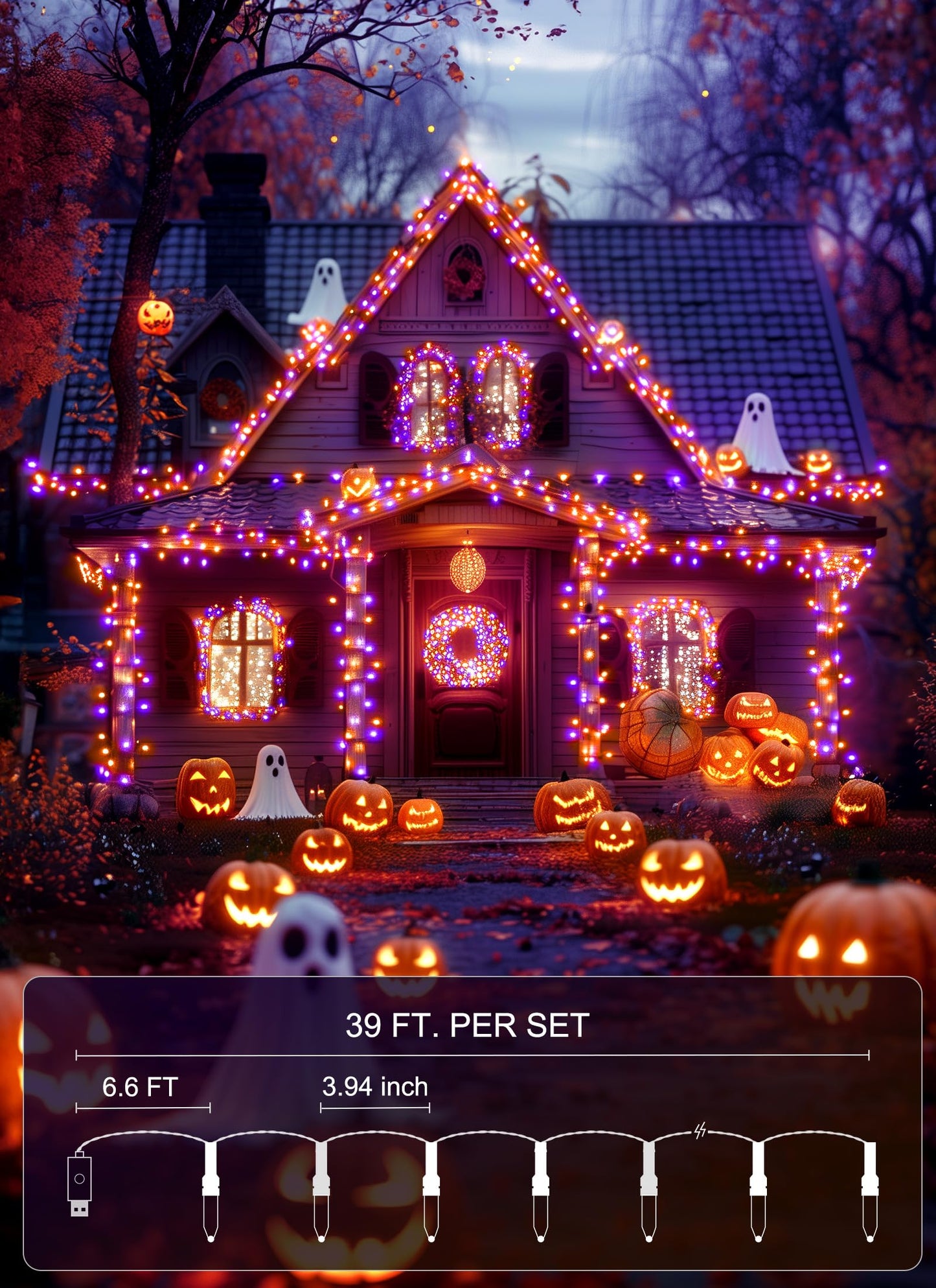 Minetom Halloween String Lights, 100 LED, 39 FT, USB Powered, Waterproof, Purple & Orange