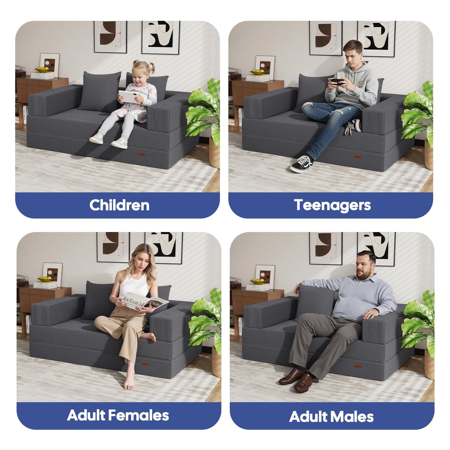 COMAX Futon Sofa Bed, 4‑in‑1 Convertible Sofa Bed, Folding Boneless Couches for Living Room, Fold Out Small Foldable Loveseat Floor Sleeper Comfy Mattress Lounge Space‑Saving, Grey