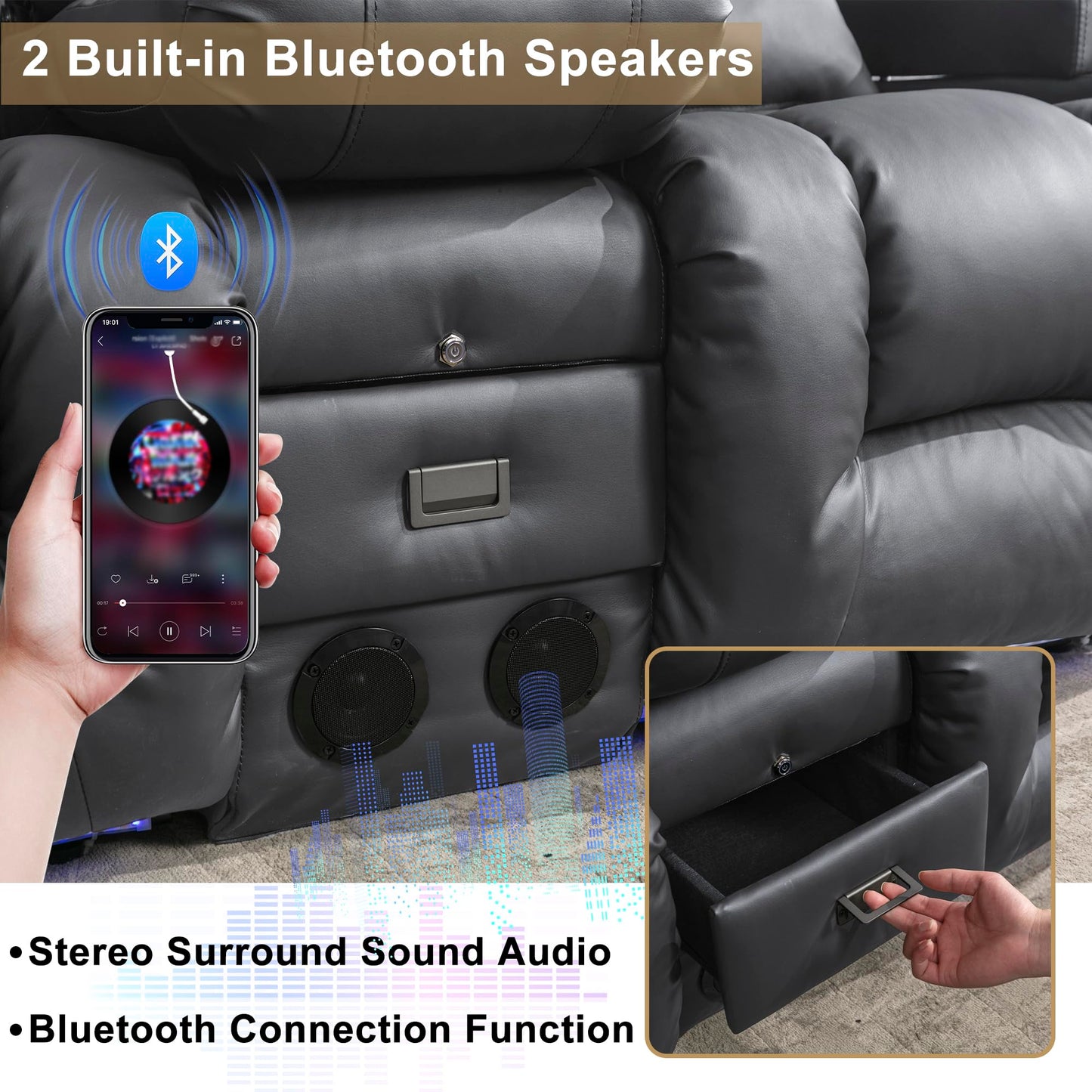 URRED Power Loveseat Recliner Sofa with Massage and Heat, Wall Hugger Reclining Loveseat with Console, RV Couch Home Theater Seating with LED Lights for Living Room (Ash Gray, 67" - 2 Seats)