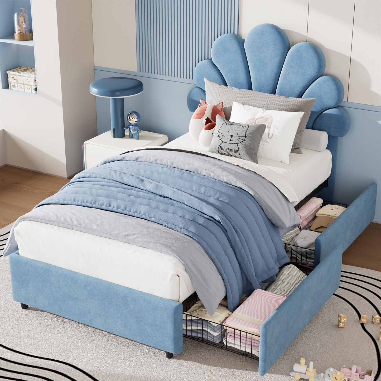 Twin Size Bed Frame for Kids - Cute Princess Style Velvet Headboard with 2 Storage Drawers, Upholstered Platform Bedframe with Solid Wood Slats Support, No Box Spring Needed, Easy Assembly, Blue