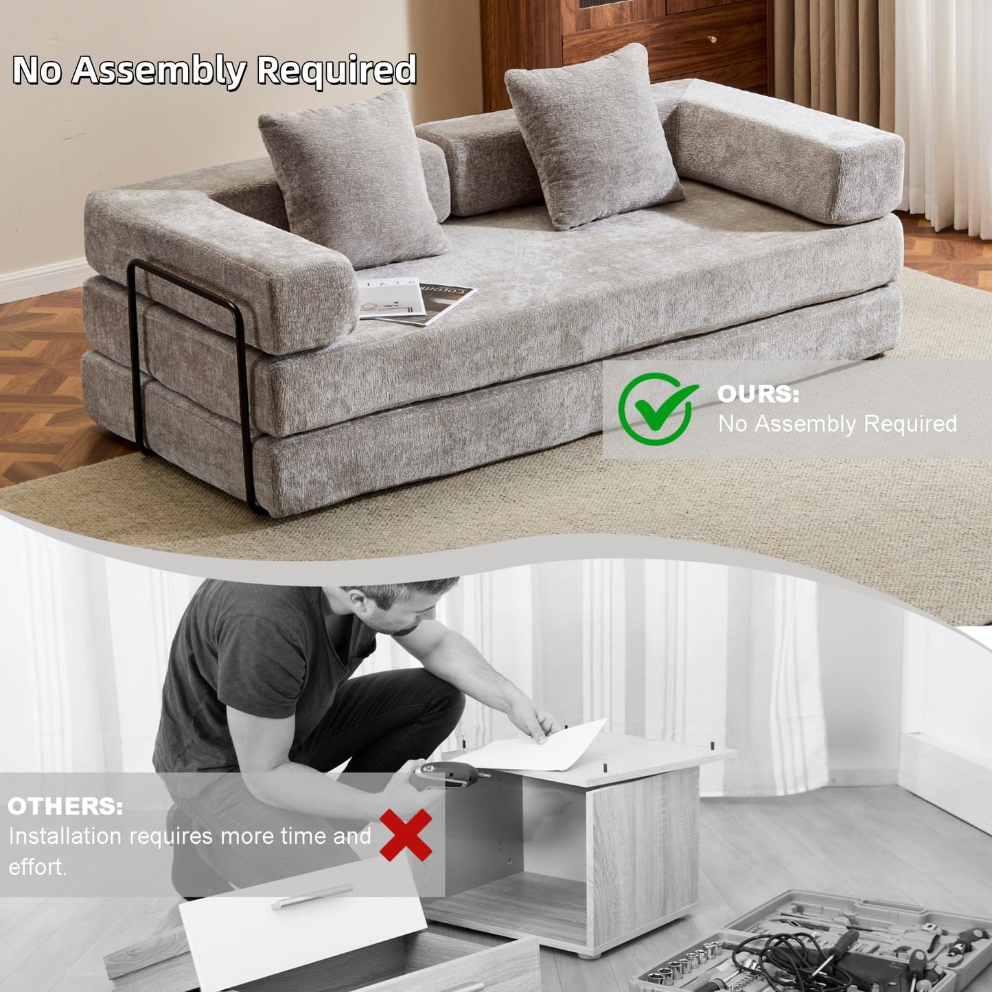 Trygoal 78”Convertible Sofa Bed, 4-in-1 Futon Boneless Couch with Armrest & Pillows, Compressed Chenille Folding Sleeper Bed for Living Room, Guest Room and Dorm, Light Grey