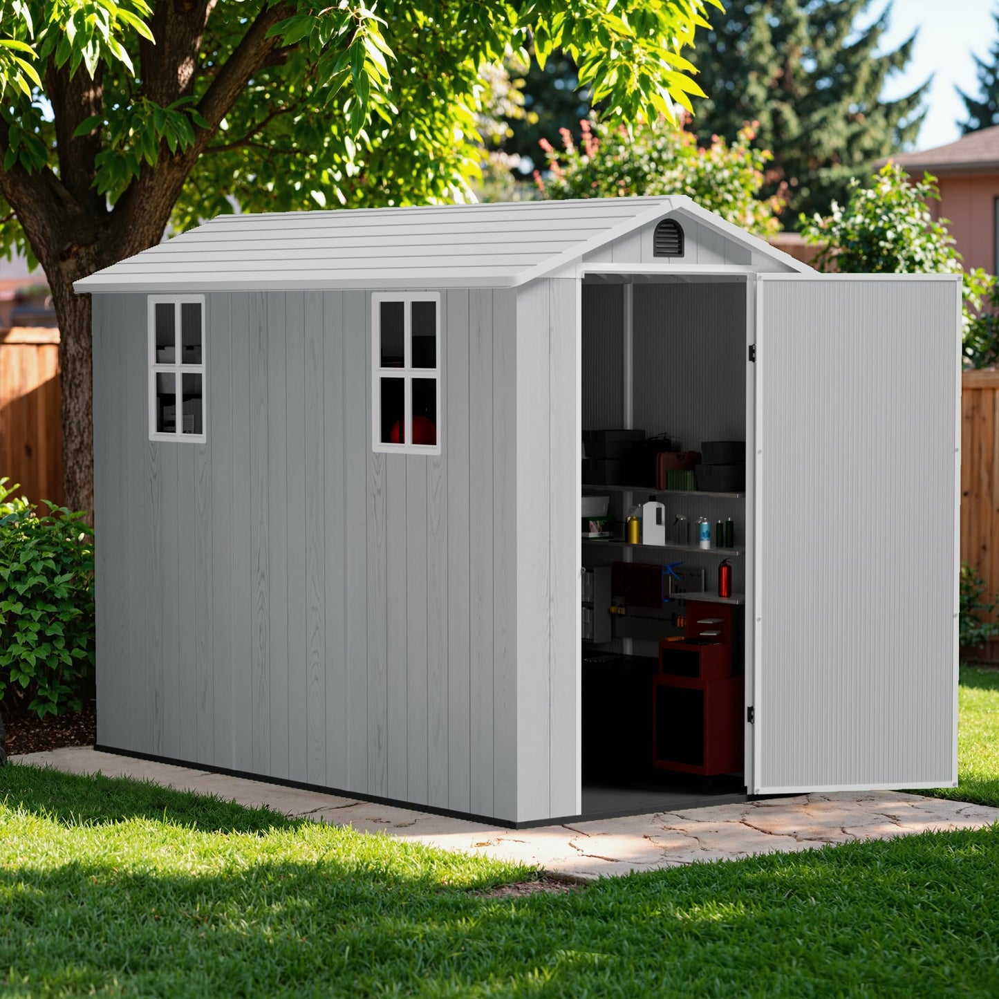 Greesum 4x8FT Plastic Storage Shed with Floor, Resin Outdoor Storaged Sheds with Lockable Door, All Weather Tool Shed with Window and Vent, Easy Assembly for Garden, Patio, Backyard, Light Gray