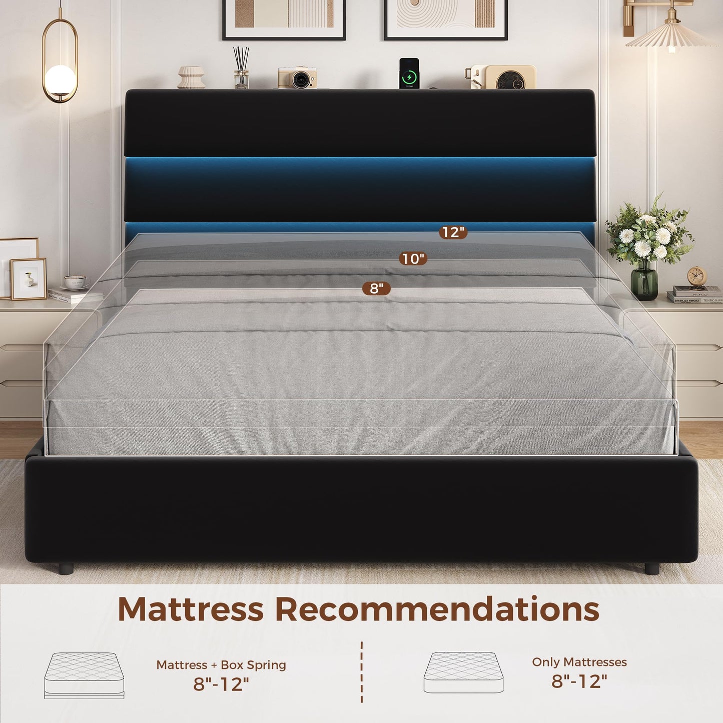 Jocoevol Full Size Bed Frame with 2 Storage Drawers and Headboard Shelf, Velvet Upholstered Platform Bed with LED Lights & Charging Station, Wooden Slats Support, No Box Spring Needed, Black