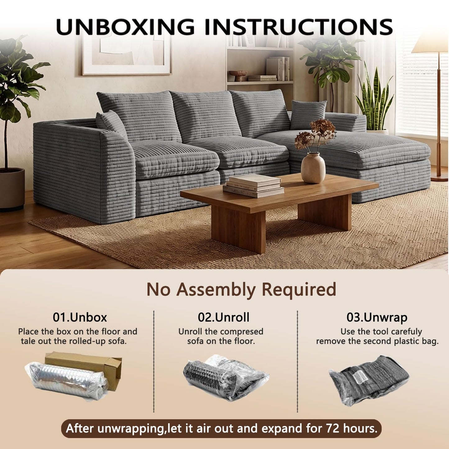 102-Inch L-Shaped Modular Boneless Cloud Sectional Sofa 4 Seat Floor Foam Sofa Couches Deep Seat with Ottoman,Comfy Corduroy Upholstered 4 PCS Compressed Cloud Couch