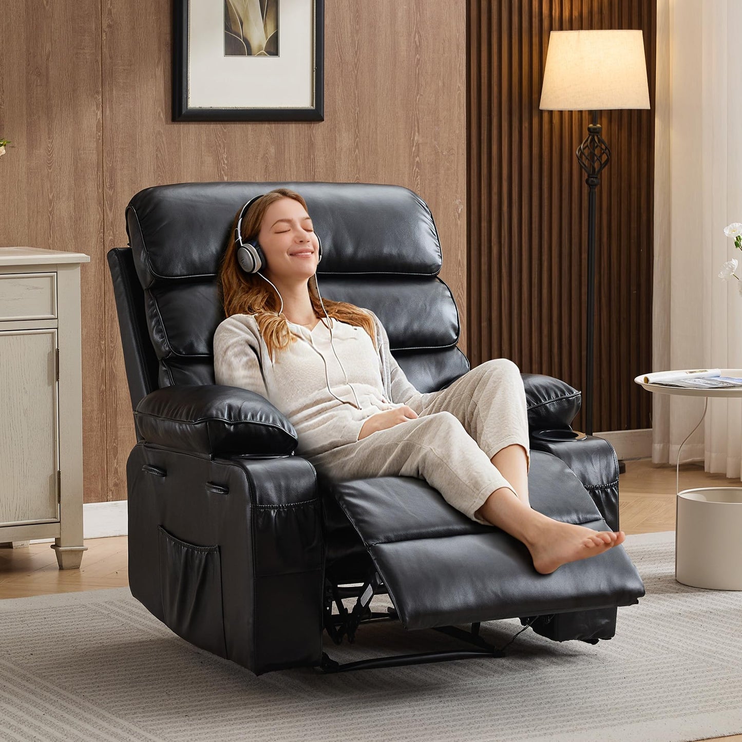 PU Leather Recliner Chair with Heat & 8-Point Massage, Extra Wide Manual Recliner for Adults, q235 Steel Frame, Side Pockets, 1.5X Comfort Arm & Back, Lazy Boy Sofa for Living Room or Bedroom - Black