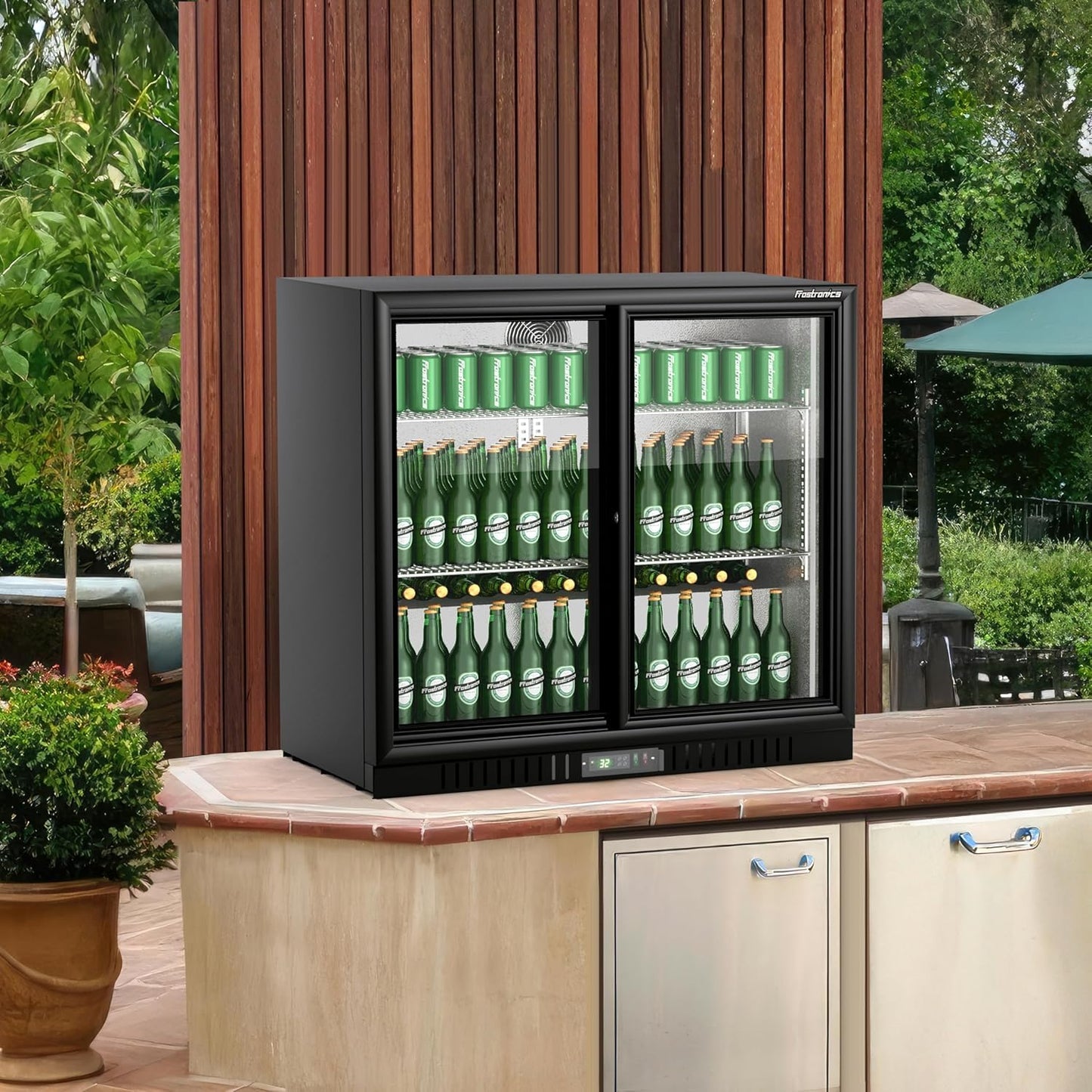 Frostronics 36 Inch 228 Cans Double Door Back Bar Beverage Cooler, 6.5 cu. ft. Under Counter Glass Bar Fridge With Sliding Door, Lockable, 32-50F Display Refrigerator, ETL & NSF7 Certified