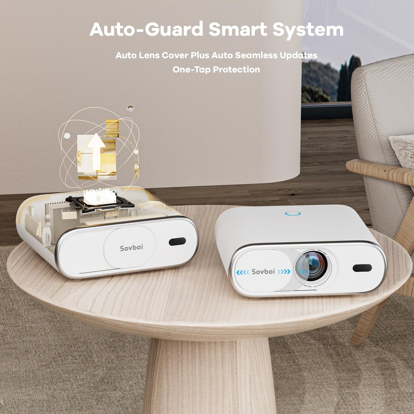 Outdoor-Projector with Google TV:3000 Brightness/Auto Lens Cap & 4D Keystone/Auto Focus & AI Voice Control, Sovboi Portable-Projector with WiFi & Bluetooth, Smart Movie Proyector for Streaming Apps
