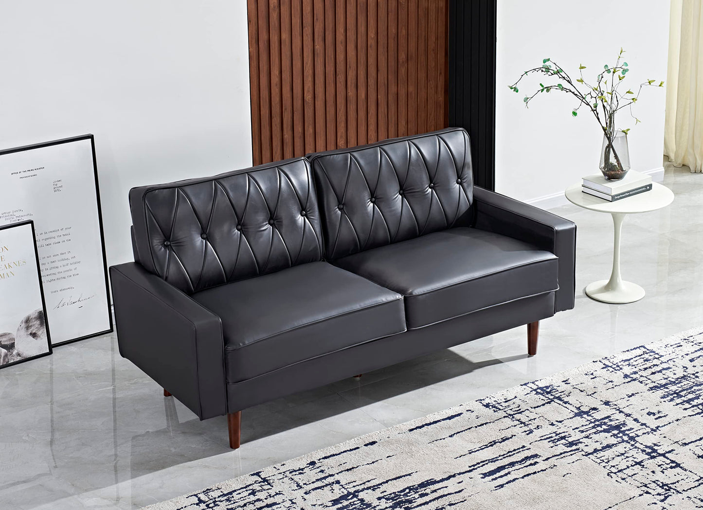 Container Furniture Modern Style Faux Leather Sofa with Elegant Round Tapered Legs and Button Tufted Backrest Perfect for Living Room, Bedroom or Home Office, 69.3’’ Wide, Black