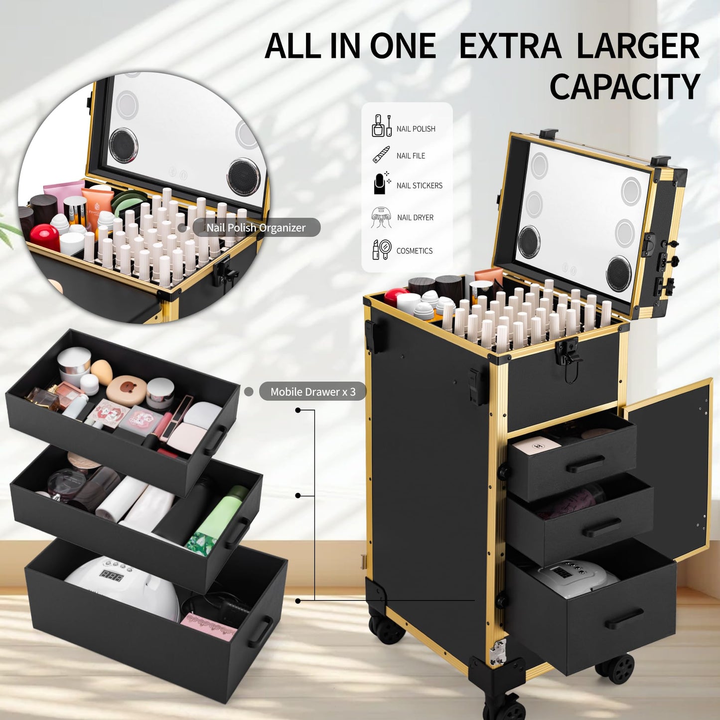 ZhenGuiRu Portable Manicure Table 3 Drawers, Rolling Lockable Makeup Train Case with Blueteeth Speaker and Nail Polish Organizer, Foldable Nail Desk with Mirror & TSA Lock for Nail Tech and Salon Use