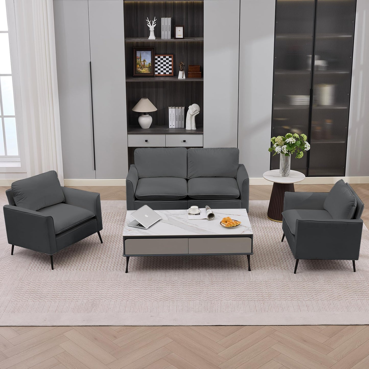 KEIKI Faux Leather Sofa Couch, Living Room Furniture Sectional Sofa Sets of 3 Pcs, Mid Century Modern Decor Sofa Couches, Loveseat & Accent Chair for Small Space, Apartment, Office, Gray