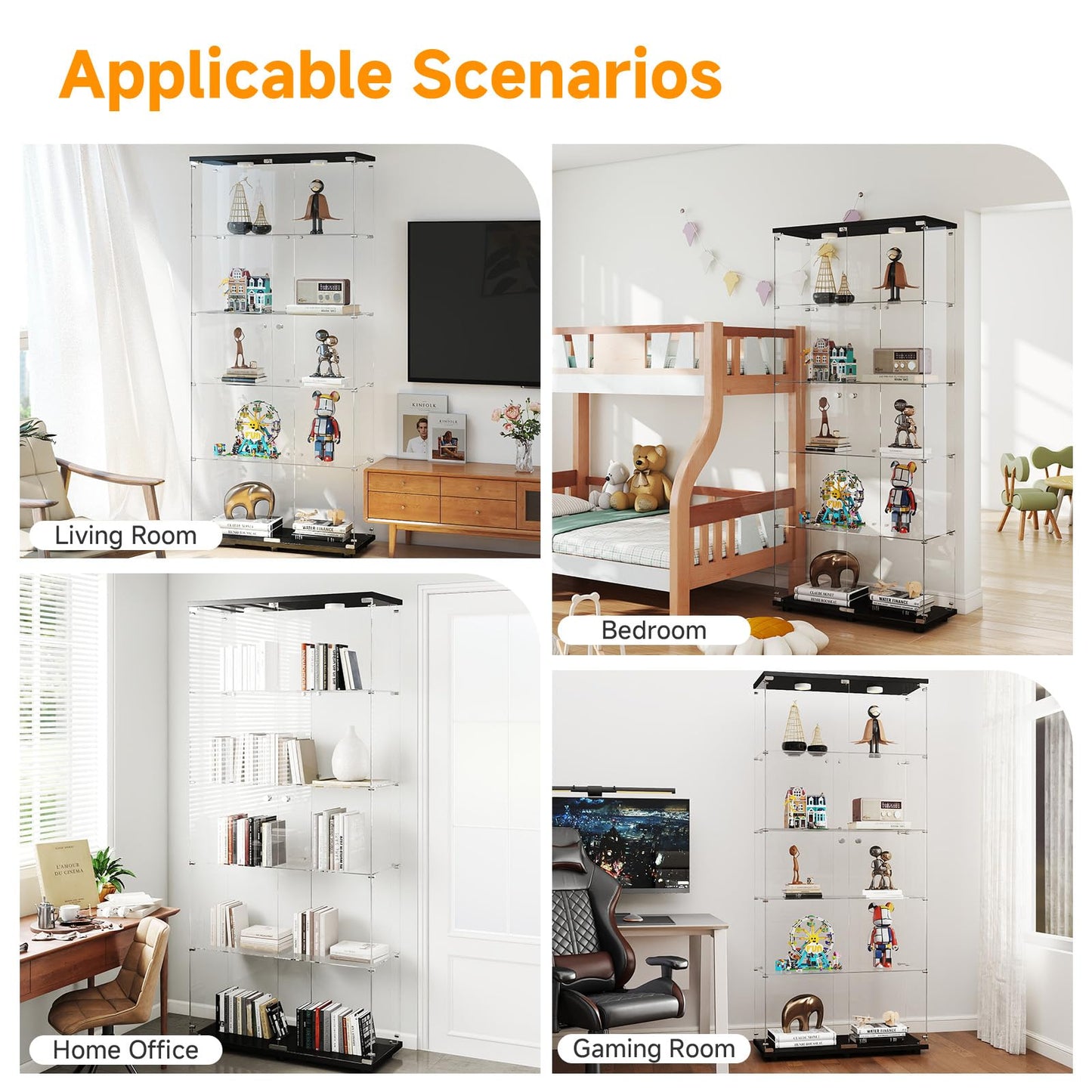 Zevemomo 5-Tier Tempered Glass Display Cabinet with Lights, Curio Cabinet with Glass Doors and Lock, Glass Display Case for Collectibles, for Living Room Bedroom Office, Black, Double Door