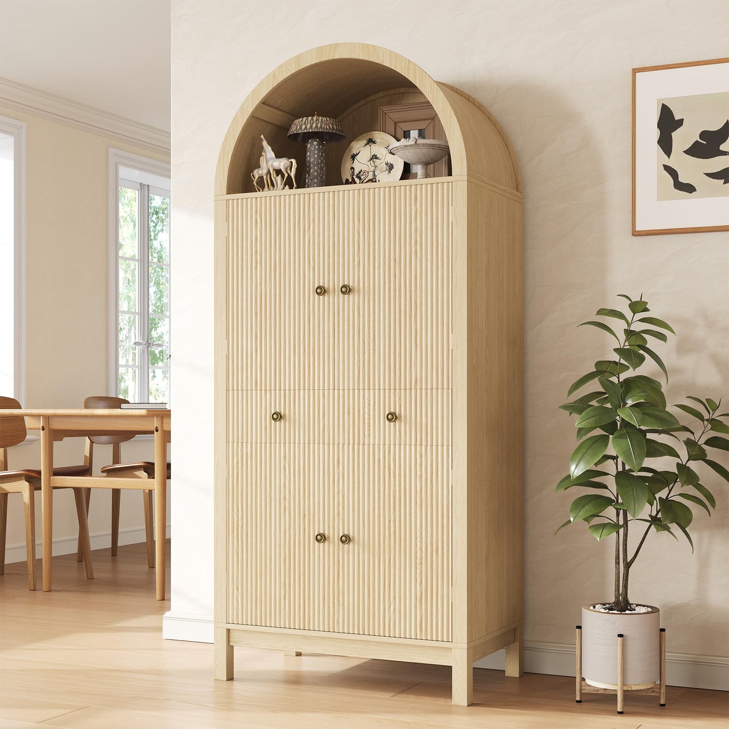Apicizon 70" Tall Arched Kitchen Pantry Cabinet, 6-Tier Modern Fluted Wood Storage Cabinet with Doors Drawer & Adjustable Shelves, Farmhouse Cupboard Organizer for Dining Room, Bathroom, Natural