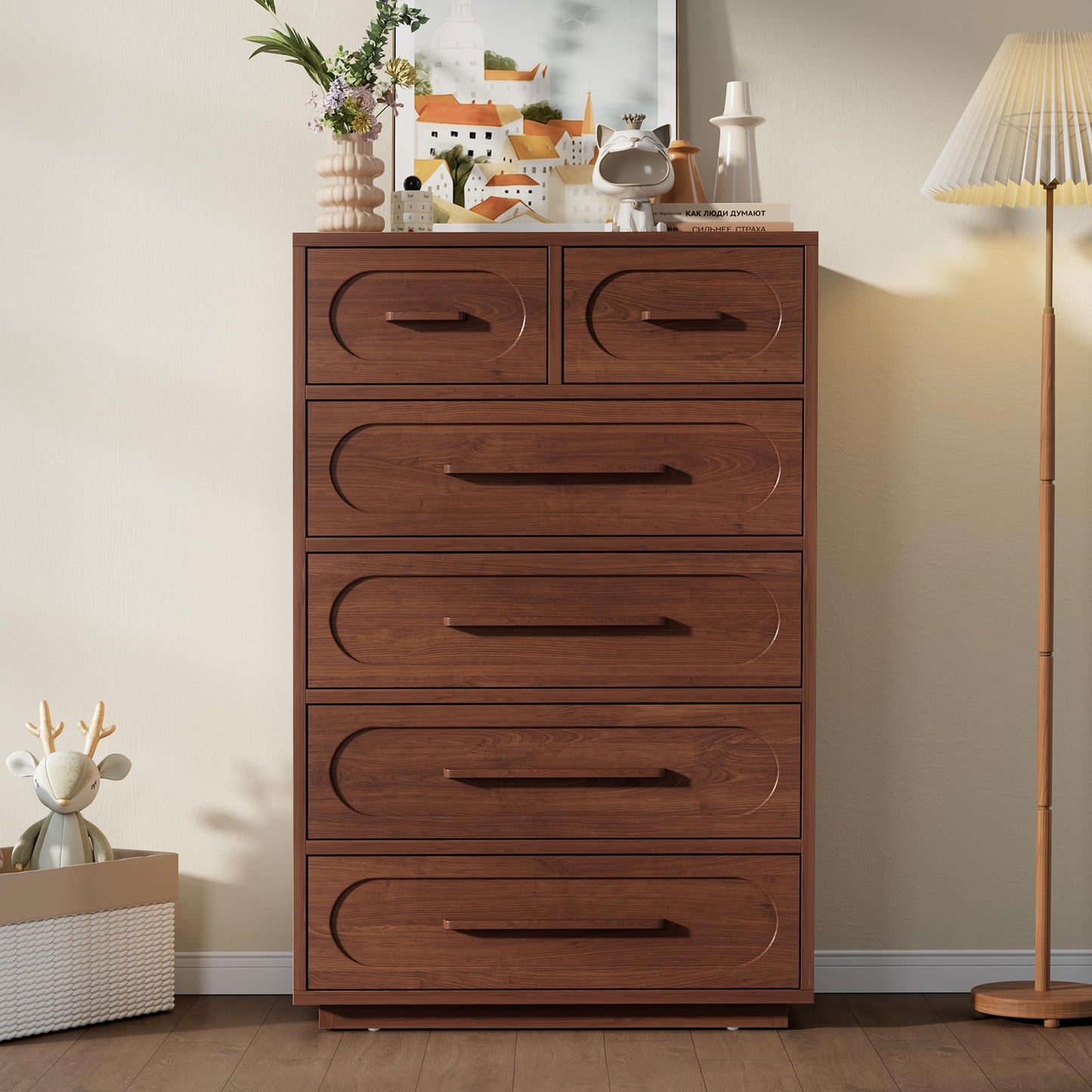 YANSNWO Walnut 6 Drawer Dresser for Bedroom, 44" Tall Dressers & Chest of Drawers w/Solid Wood Handle, Wood Mid Century Closet Organizers and Storage Cabinet for Bedroom, Living Room, Hallway, Walnut