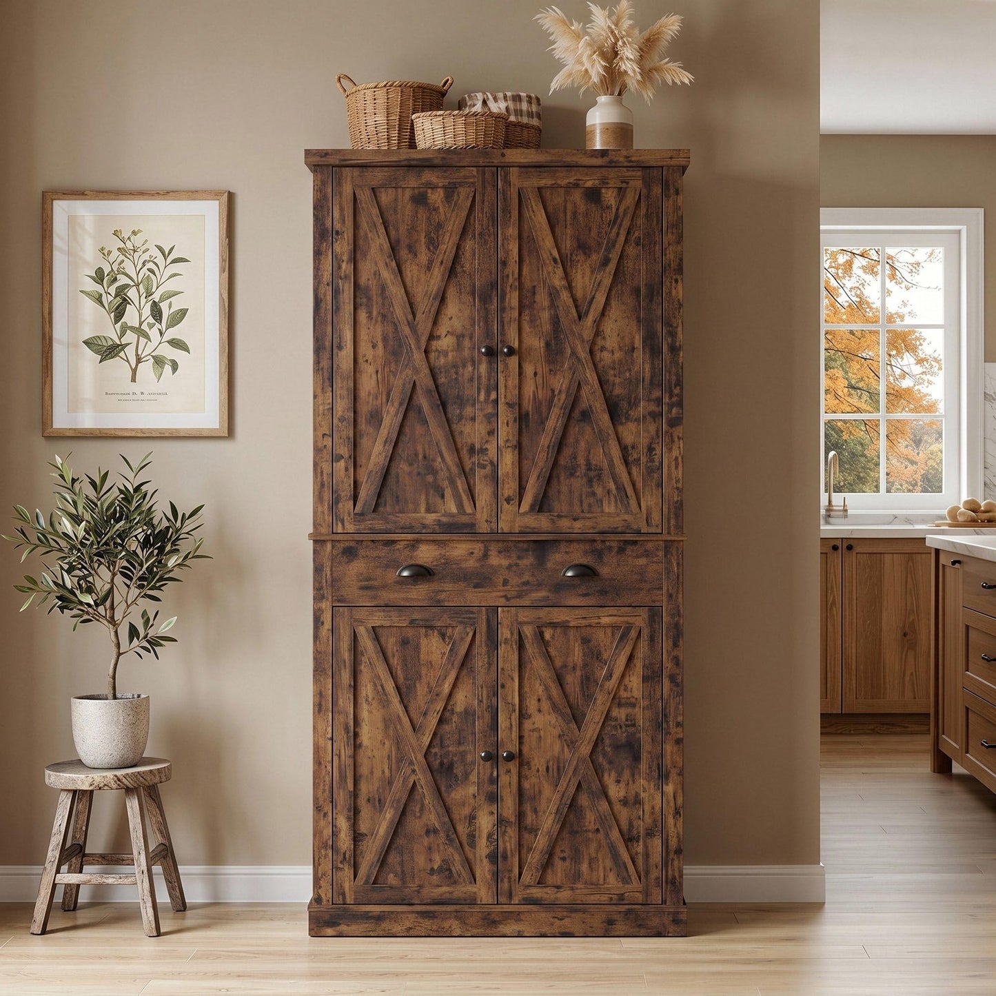 IRONCK 72.6" H Farmhouse Kitchen Pantry with Drawer, Vintage Brown