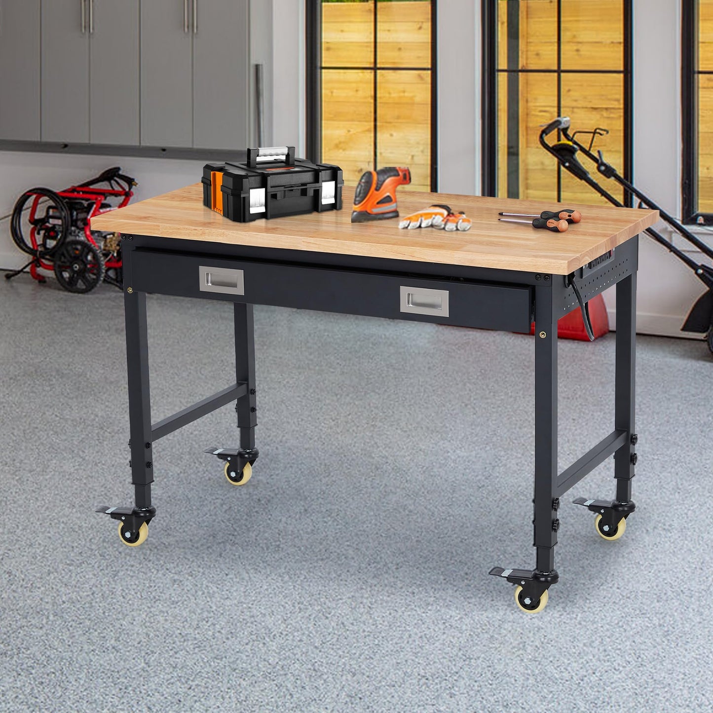 48" Adjustable Work Benches with Drawer, Heavy Duty Garage Workbench with Wheels, Max Load 2000 LBS Tool Bench Shop Table with Power Outlet & Rubber Wood Top for Woodworking, Office, Home