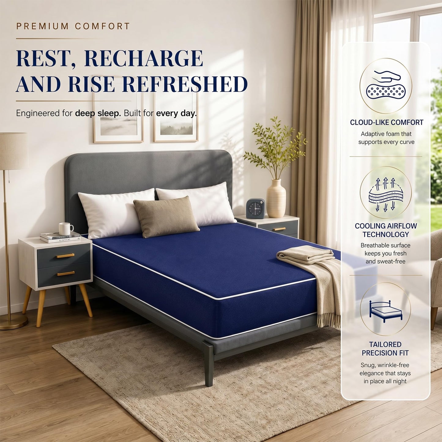 Greaton, 5-Inch Medium Firm Water Resistance Nylon Vinyl Foam Mattress, Noiseless, Soft Cloud Feeling, Body Heat Reflection, Good for Hospital and Camp, Queen, Blue