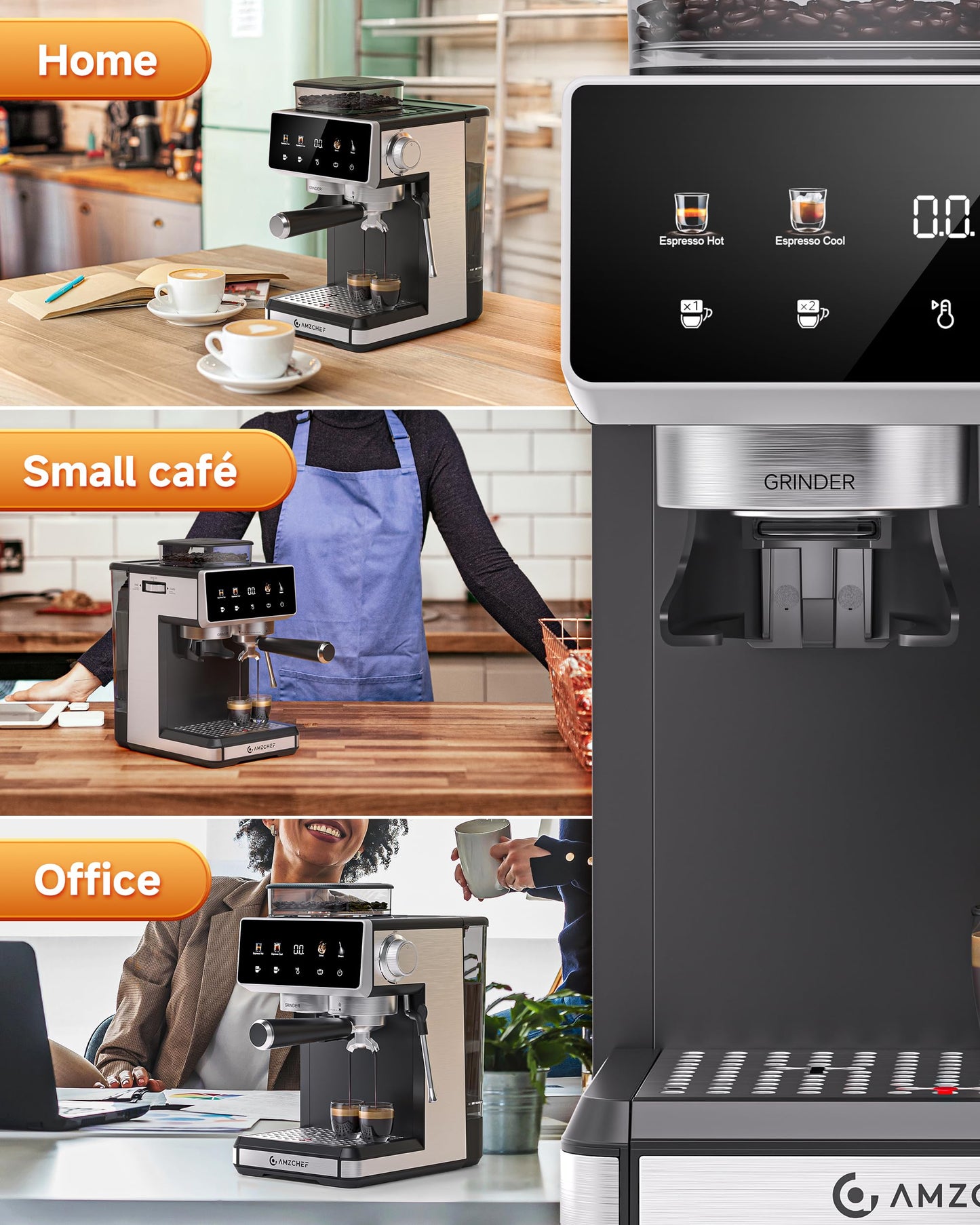 AMZCHEF Espresso Machine with Grinder, 3 Temp 197-205℉ Professional Espresso Machine, 3-10s Pre-Infusion, 20 Grind Settings, Latte Cappuccino Maker Home Barista, Black