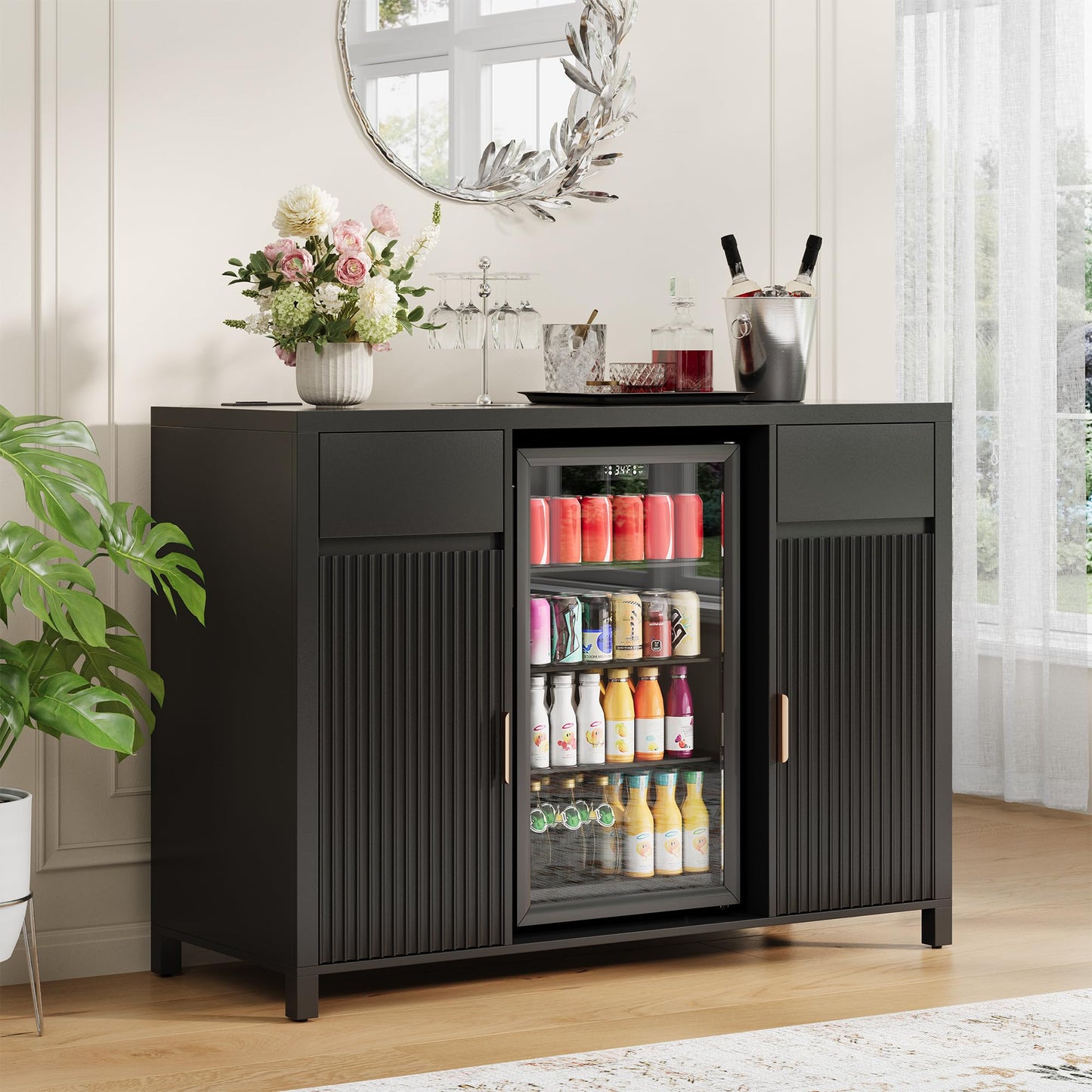 Garvee 53" Coffee Bar Cabinet with Fridge Space & Charging Station, Mini Fridge Cabinet with Wine Rack, Large Buffet Sideboard Table, Fluted Liquor Cabinet for Living Room, Dining Room, Kitchen, Black