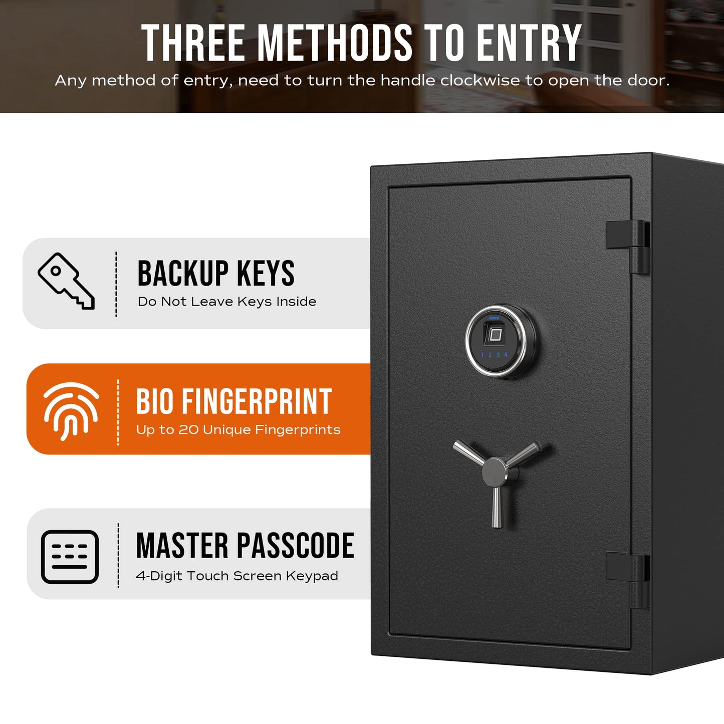 RPNB Biometric Fingerprint Fireproof Safe Box,Digital Fire Proof Safe with 3 Spoke Handle,Touch Screen and Removable Shelf,Fireproof Home Safes for Money Documents Jewelry and More,2.12 Cubic Feet