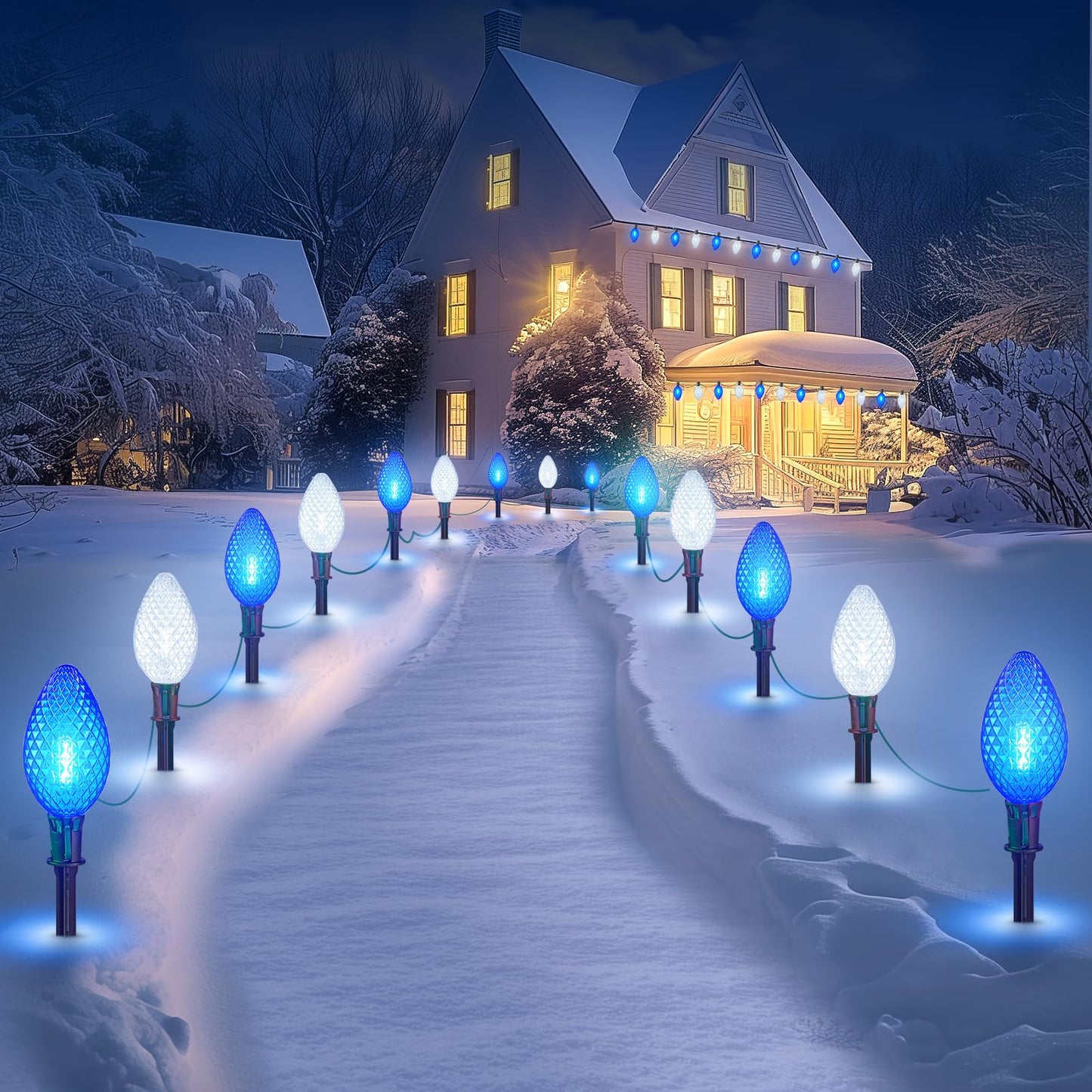 Minetom Christmas Pathway Lights - 2 Pack 13.5Ft C9 LED with 10 Stakes, Blue & Cool White, Waterproof, Model GY-C-50.6-U-B