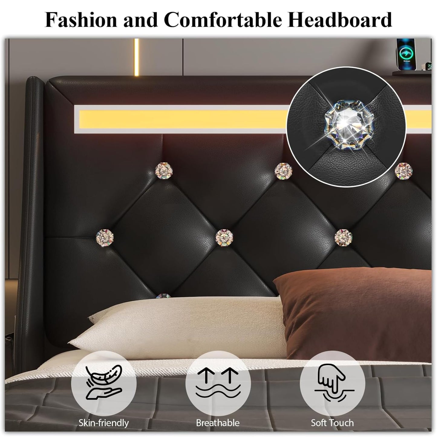 GDFStudio Queen Bed Frame with 2 Storage Drawers & Charging Station, Faux Leather Upholstered Platform Bed Frame with LED Wingback Diamond Headboard, Metal Slats Support, No Box Spring Needed, Black