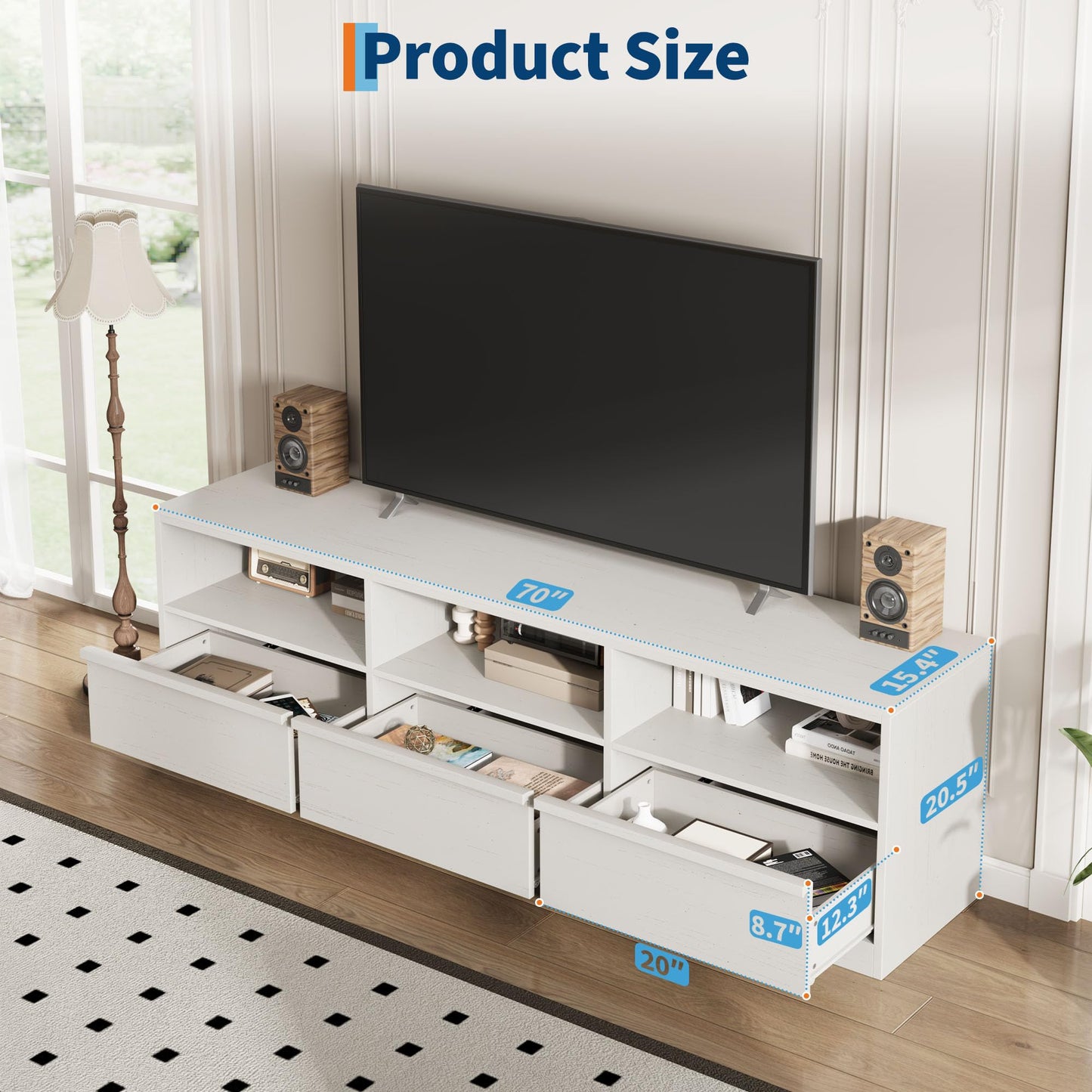 Modern TV Stand with Storage for TVs Up to 85", 70 inch Media Console with Drawer & Open Shelves, Mid Century Entertainment Center for Living Room, White