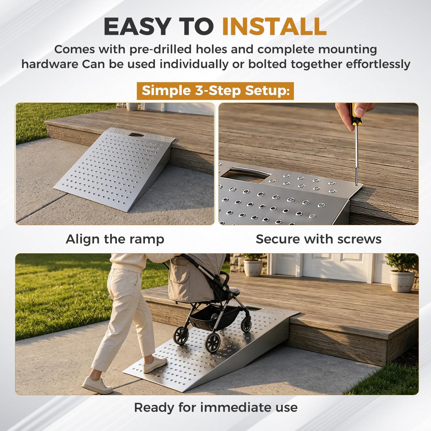 Heavy-Duty Shed Ramp for Riding Mower & Motorcycle, 1500lbs Aluminum Loading Ramp for Lawn Mower, ATV, Zero Turn, Snow Blower, Garden Cart, Anti-Slip Punch Plate Ramp for Shed Entrance, 1PC (2)