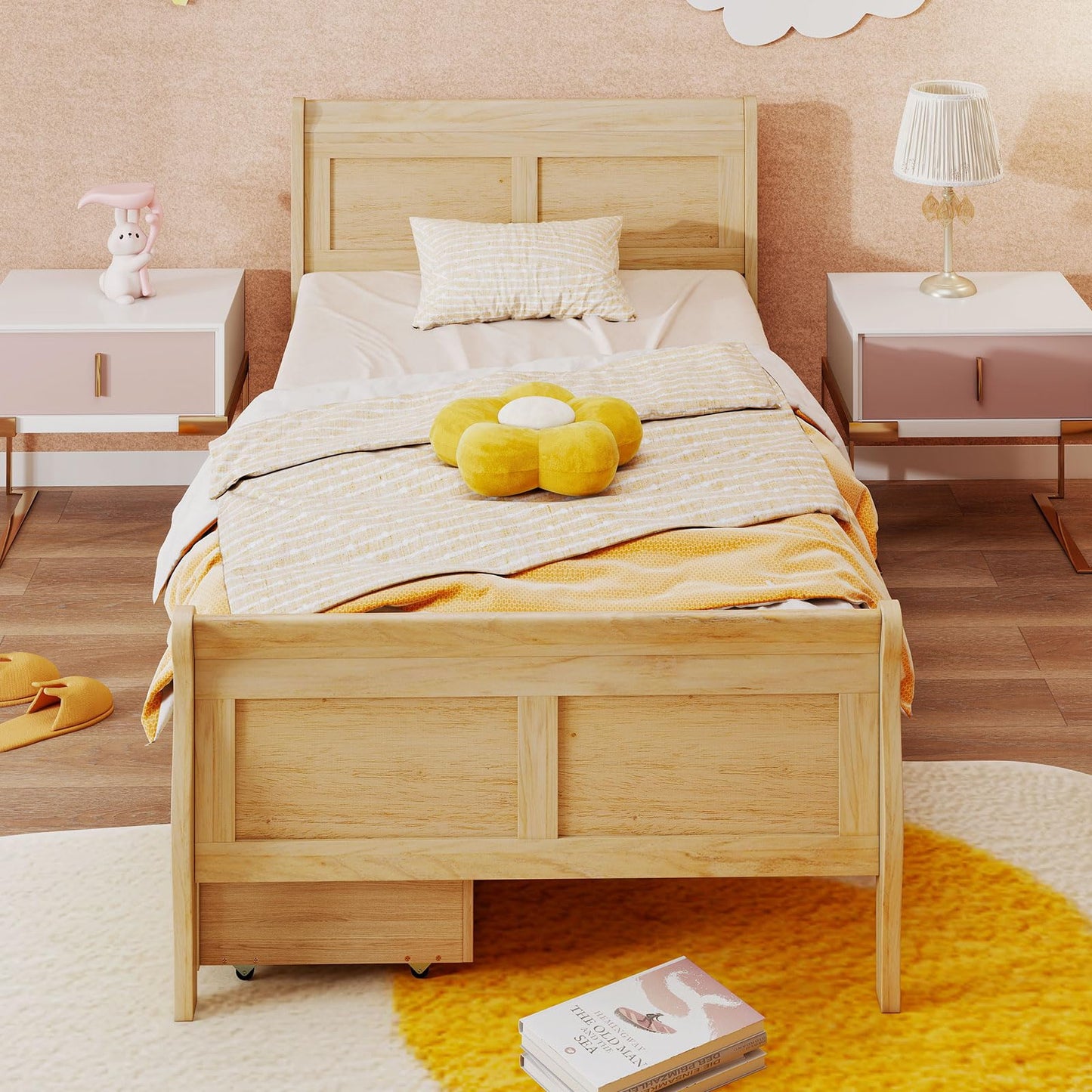 KOMFOTT Twin Size Bed Frame with 2 Storage Drawers, Wood Platform Bed with Headboard & Footboard, Twin Storage Bed with Wooden Slats Support for Kids, Teens, Adults, No Box Spring Needed, Natural