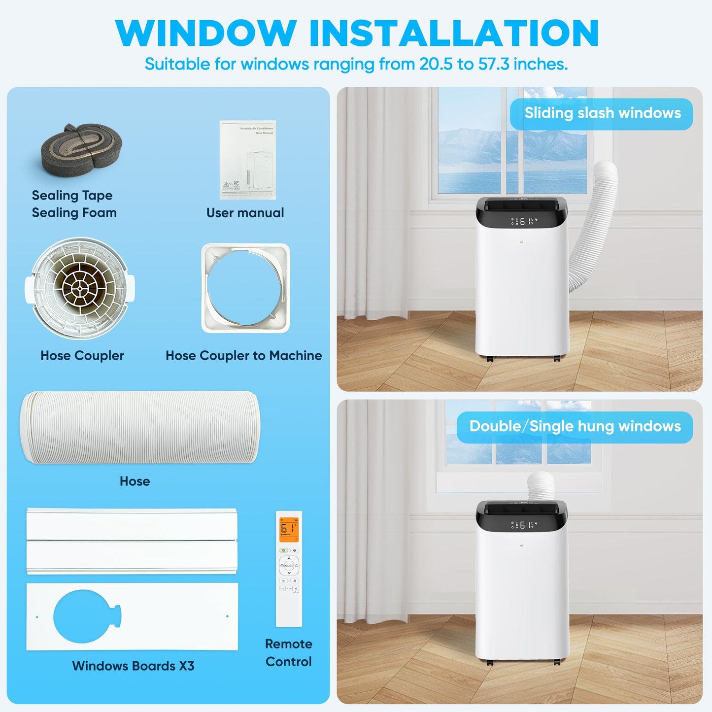 12,000 BTU Portable Air Conditioner Cools Up to 500 Sq.Ft, 3-IN-1 Energy Efficient Portable AC Unit with Remote Control & Installation Kits for Large Room, Campervan, Office, Temporary Space