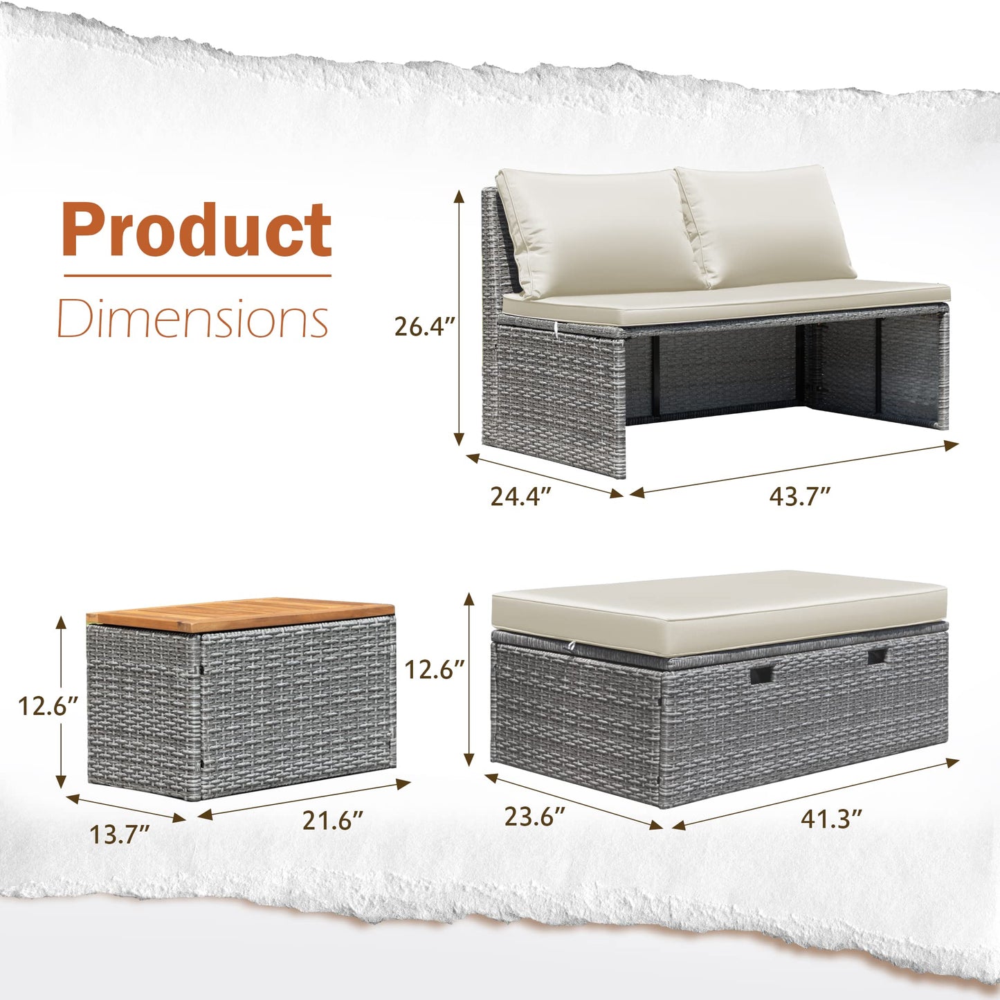 Greesum Patio Furniture Set Multifunctional Outdoor Sectional Sofa Rattan Chaise Lounge Wicker Daybed with Couch, Cushions, Storage Ottoman and 2 Side Tables for Backyard Porch Poolside Lawn, White