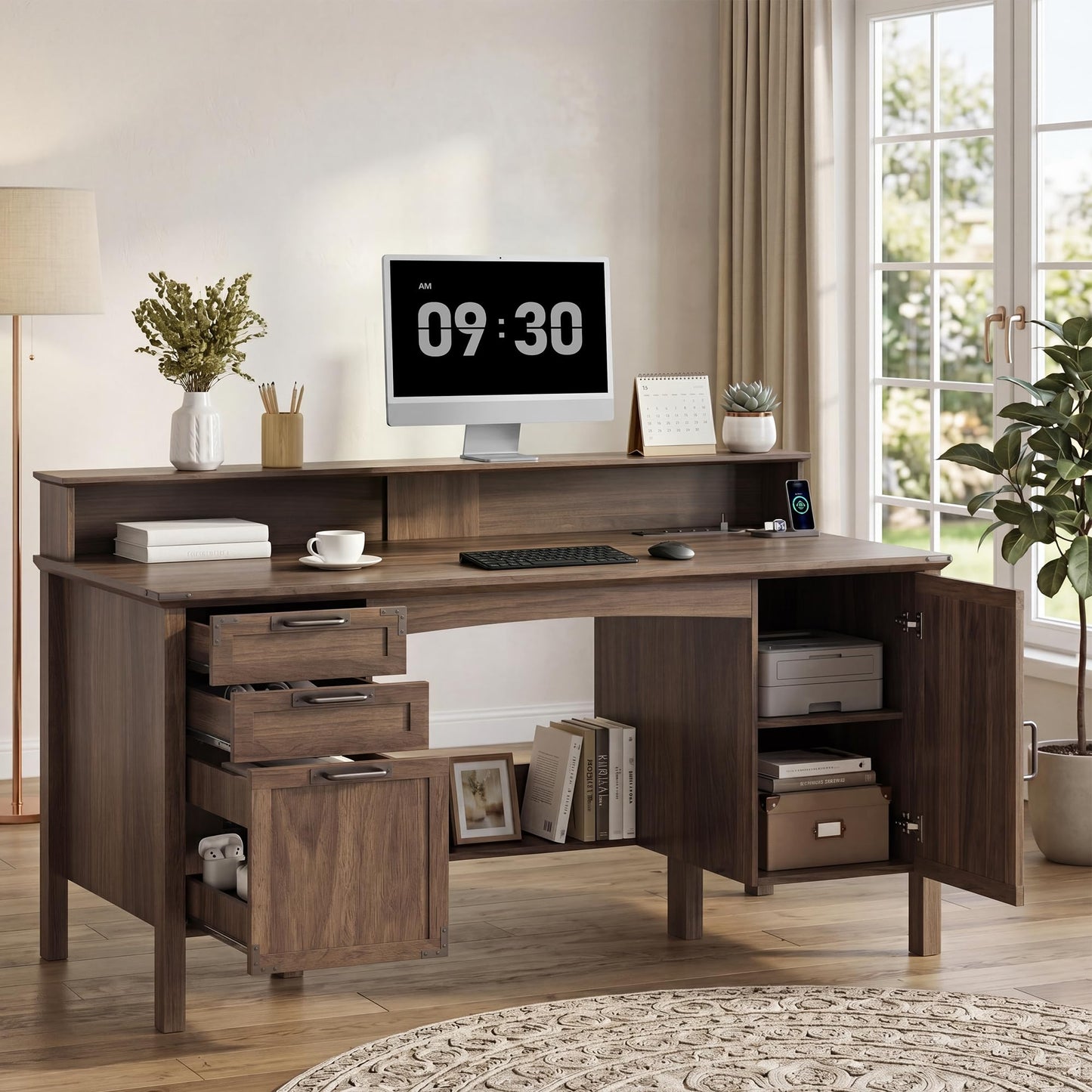 Homiflex Farmhouse Office Desk with Power Outlet & Monitor Stand, 63'' Home Computer Desk with 2 Drawers, File Cabinet, Storage Cabinet, Executive Desk for Work, Study, Writing, Gaming, Walnut