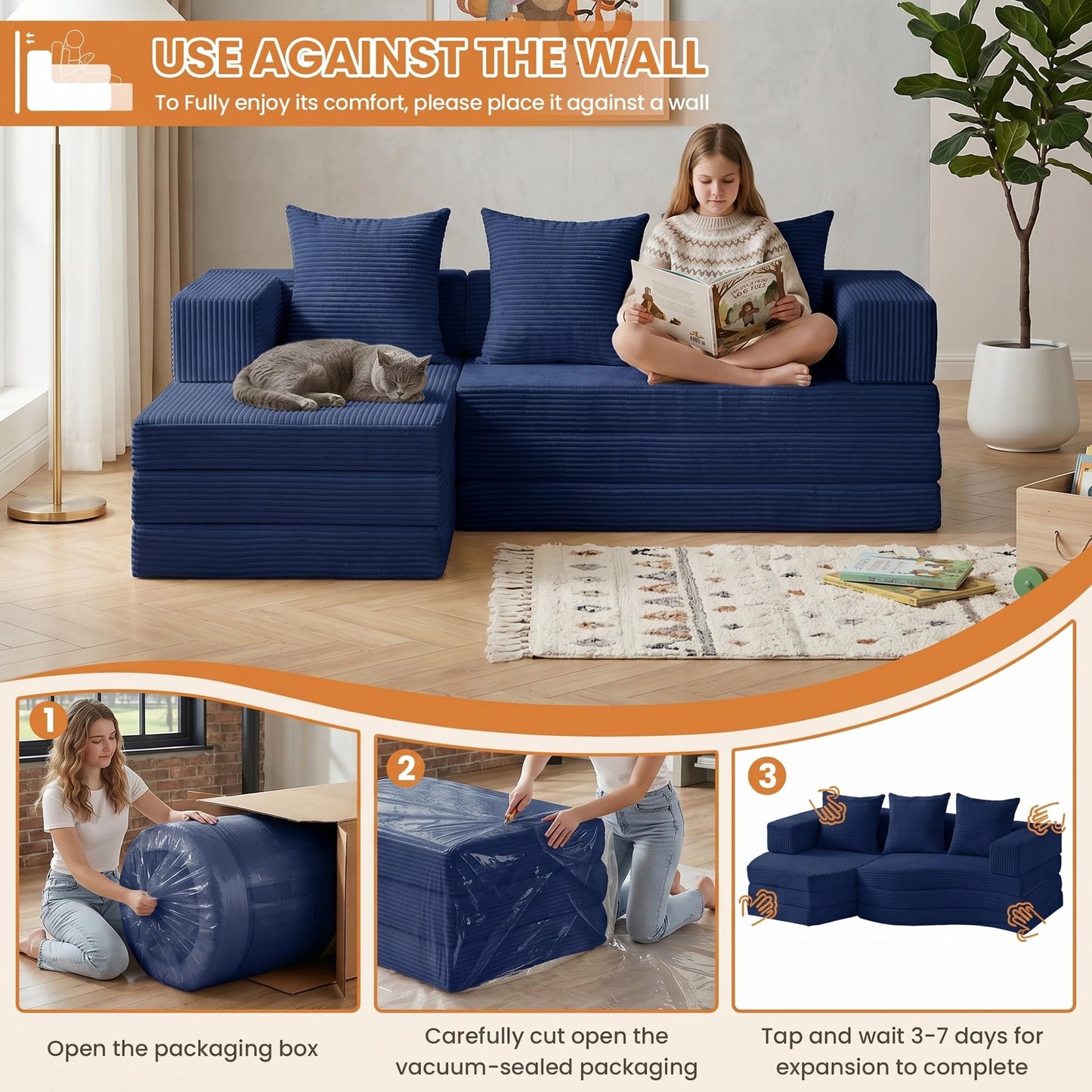 65" Modular Sectional Sofa, Boneless Convertible Sleeper Sofa Bed, Modern Tri-Folding Cloud Couch with L-Shape Chaise, Corduroy Futon Couches for Living Room Small Spaces Apartment,No Assembly,Blue