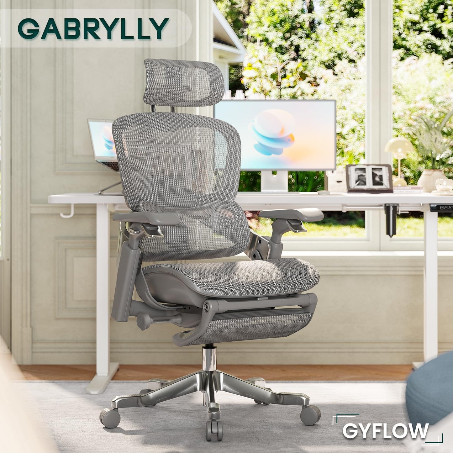 GABRYLLY Ergonomic Office Chair, Home Mesh Desk Chair with Sync Lumbar Support & Sliding Seat, 4D Arm, 150° Recline, Adjustable Back,Big & Tall Computer Chair-Footrest,Aluminum Base, Gray,FLOW550