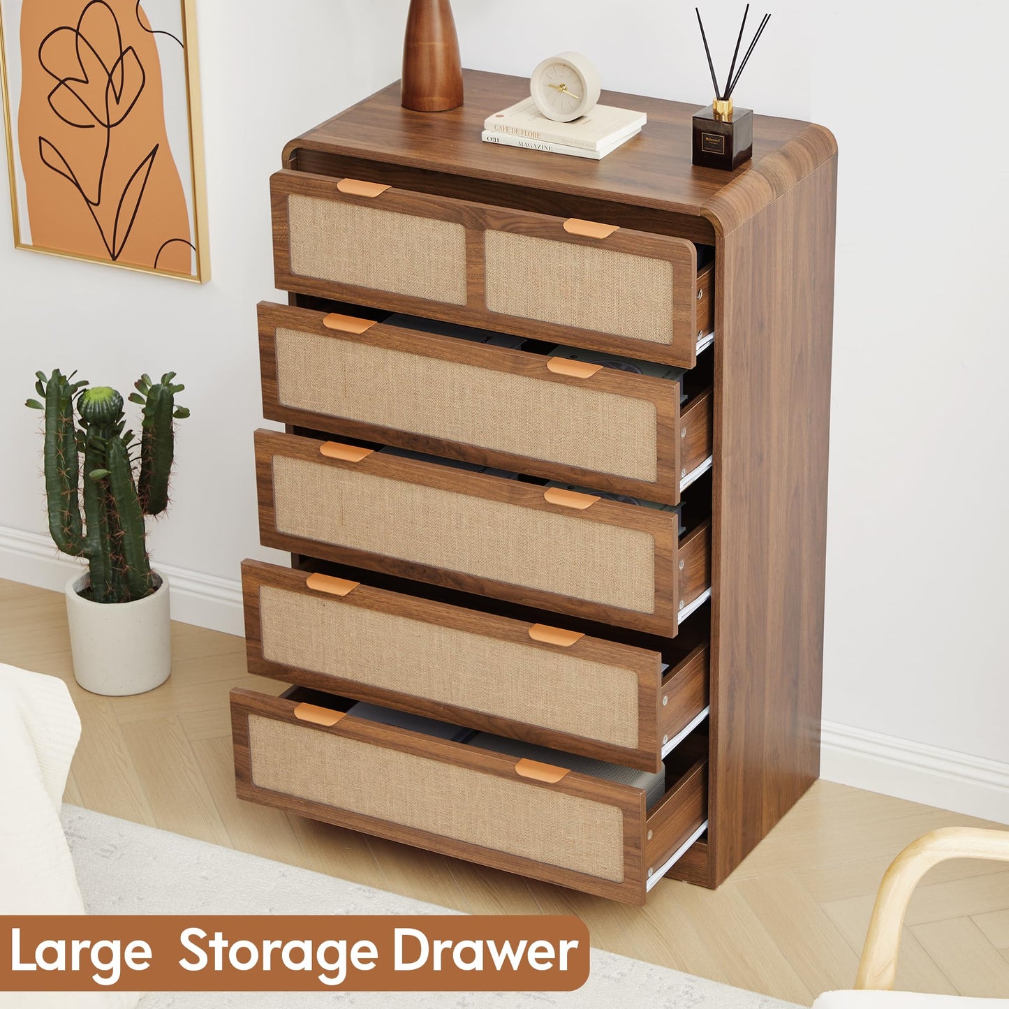 RUSTYER 43" Tall Dresser for Bedroom, 5 Drawer Mid Century Modern Dresser with Natural Linen, Curved Wood Chest of Drawers Closet Clothes Storage Organizer for Living Room, Hallway (Walnut)